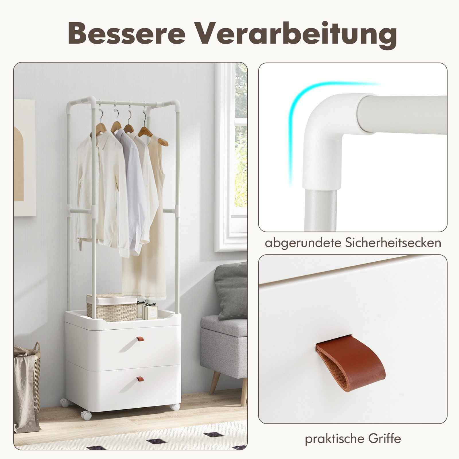 KOMFOTTEU Kleiderständer, Kleiderschrank mit Rollen, 2 Schubladen, 4 Haken