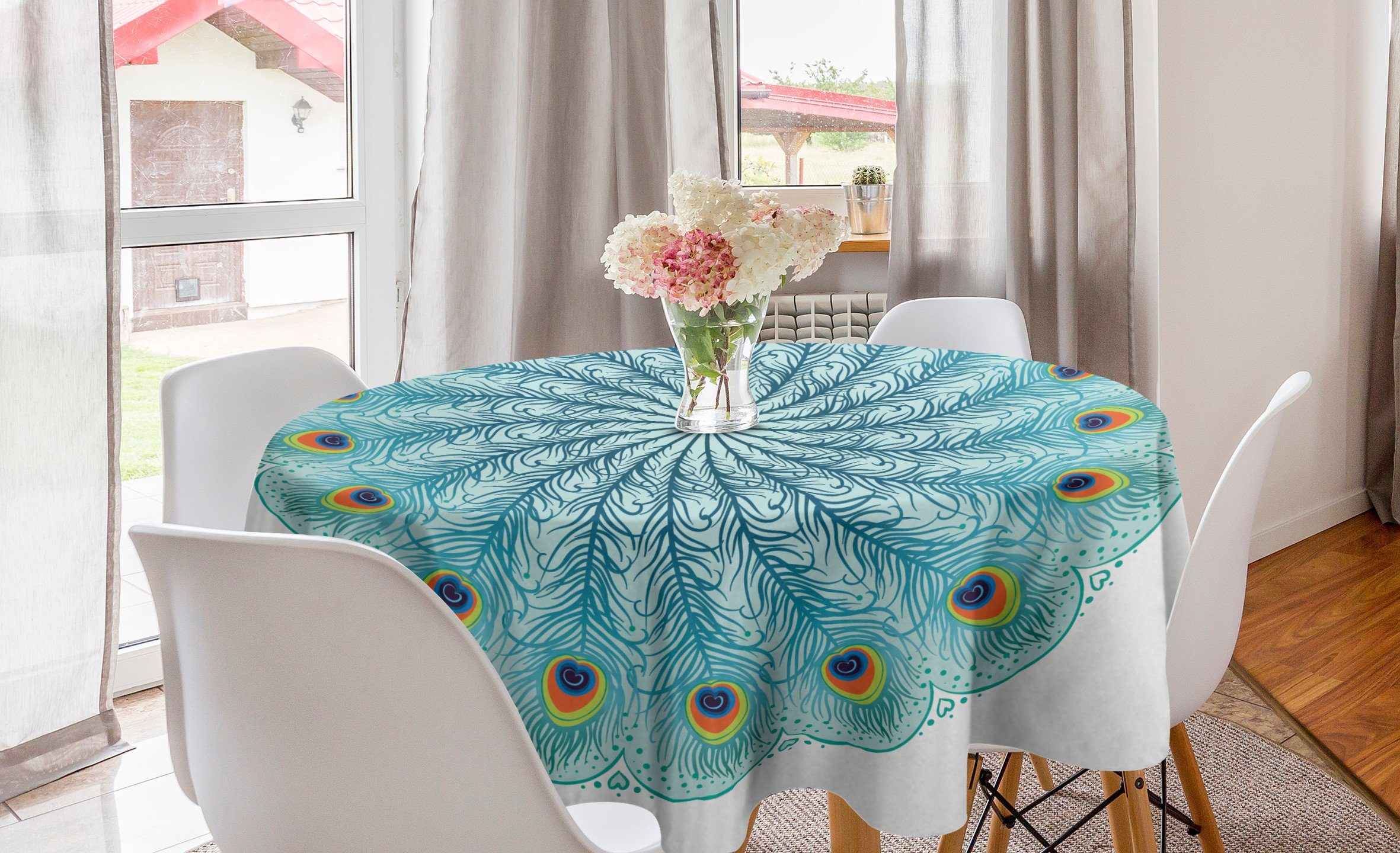 Abakuhaus Tischdecke Kreis Tischdecke Abdeckung für Esszimmer Küche Dekoration, Peacock Mandala Pfauen-Federn
