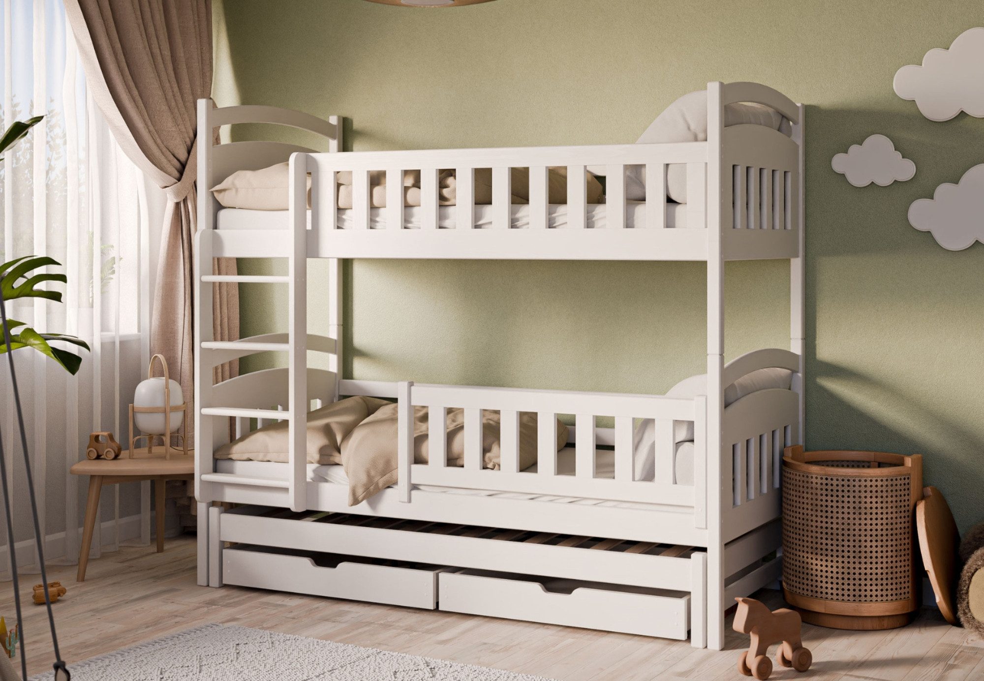 Kids Collective Etagenbett Hochbett Kinderbett 90x200 cm mit Lattenrost und Rausfallschutz, mit Ausziehbett, zwei Schubladen, umbaubar in drei Einzelbetten, weiß