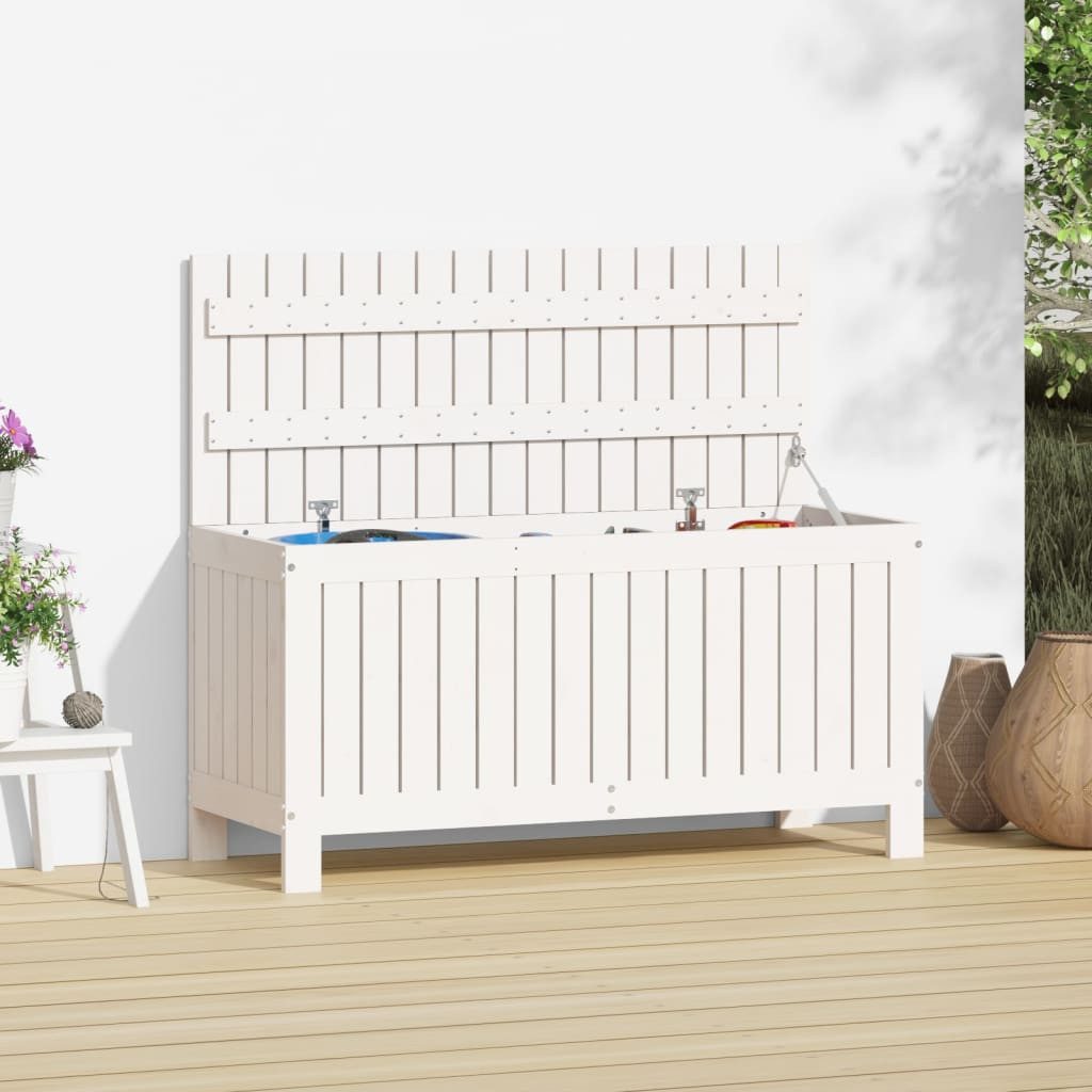 furnicato Gartenbox Gartentruhe aus massivem Kiefernholz Weiß 108 x 42,5 x 54 cm, Kissenbox mit Gasdruckfeder, belüfteten Latten und viel Stauraum