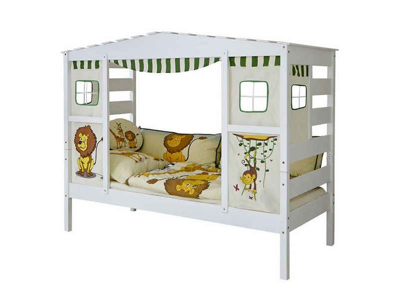Ticaa Hausbett Hausbett mit Bettkasten "Safari" Kiefer Weiß (Set, Bett mit Bettvorhang), stellbar zu einem Einzelbett