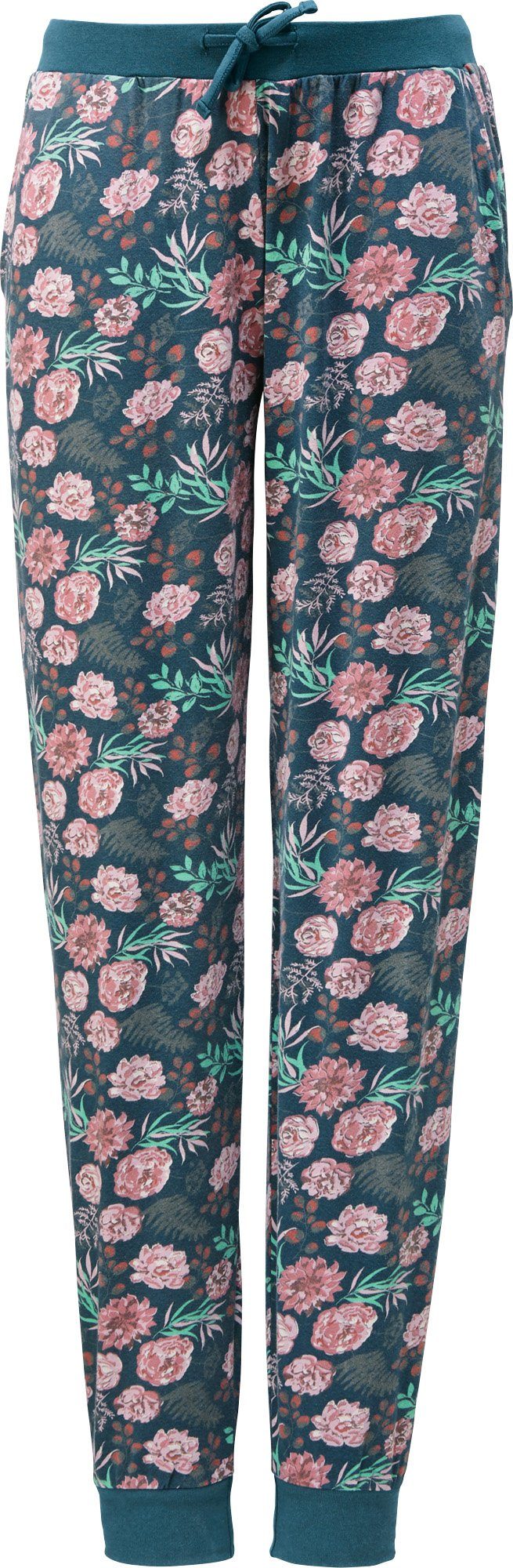 Schlafhose Single-Jersey Erwin Müller petrol Blumen lang Damen-Hose,