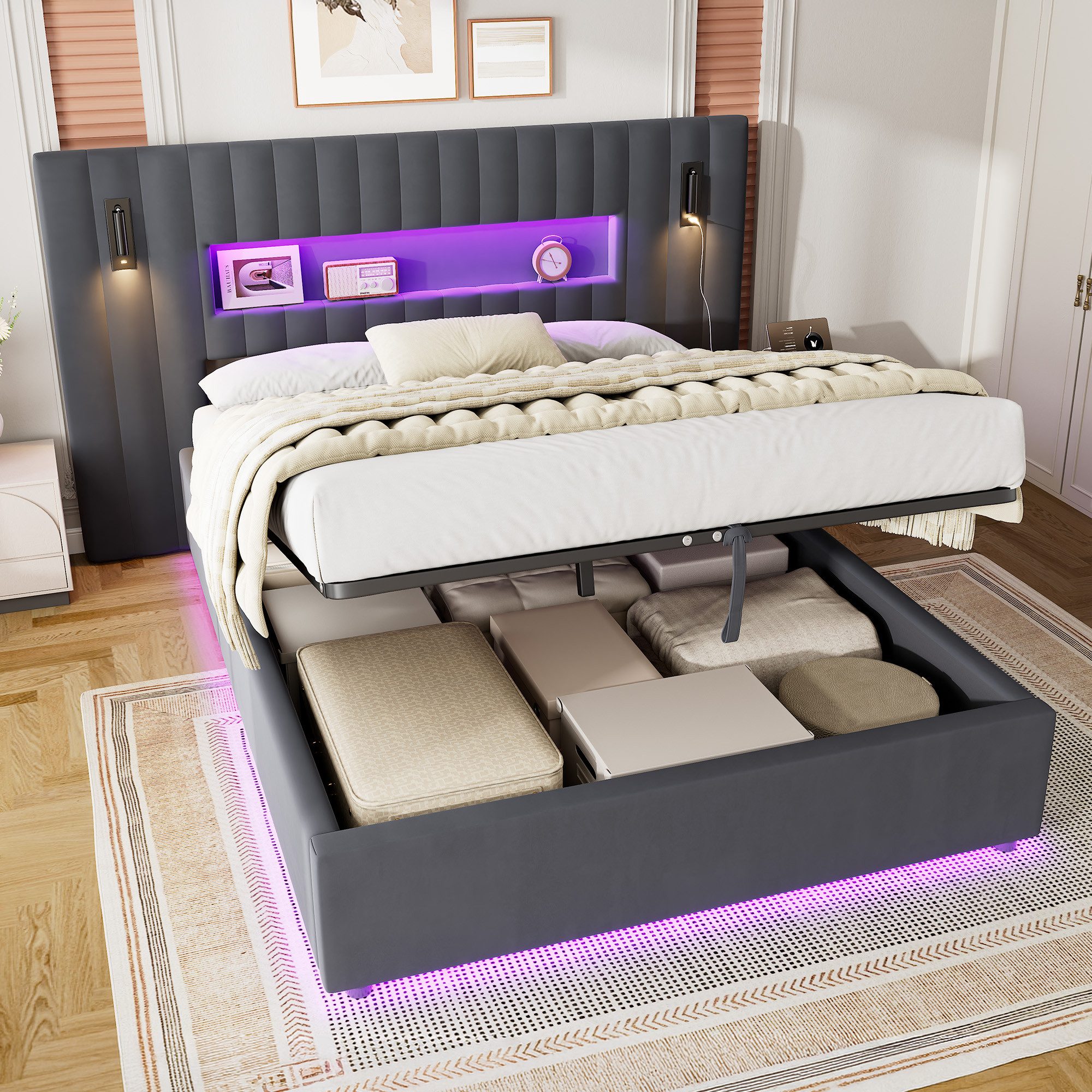 OKWISH Polsterbett Stoffbett Grau 140x200 cm mit LED Leselampe und USB Ladefunktion (Packung, 1-tlg., Bettgestell ohne Matratze für modernes Schlafzimmer Design), Doppelbett mit Veloursbezug und hydraulischem Bettkasten Stauraum
