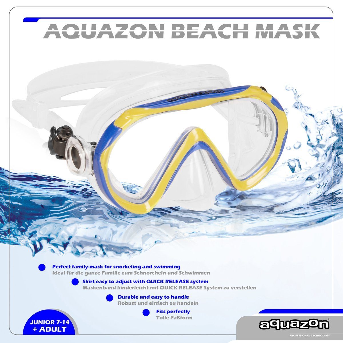 AQUAZON Junior für Kinder 7-12 Jahre, BEACH, Taucherbrille blue-yellow Silikon Schnorchelbrille