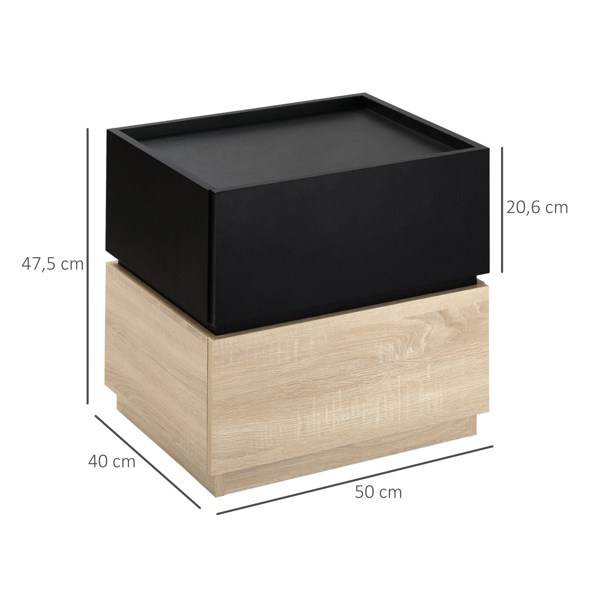 HOMCOM Nachttisch Schublade Nachtschrank stapelbar Schlafzimmer (Nachtkommode, 1-St., Schubladenschrank), Spanplatte Schwarz+Natur 50 x 40 x 47,5 cm