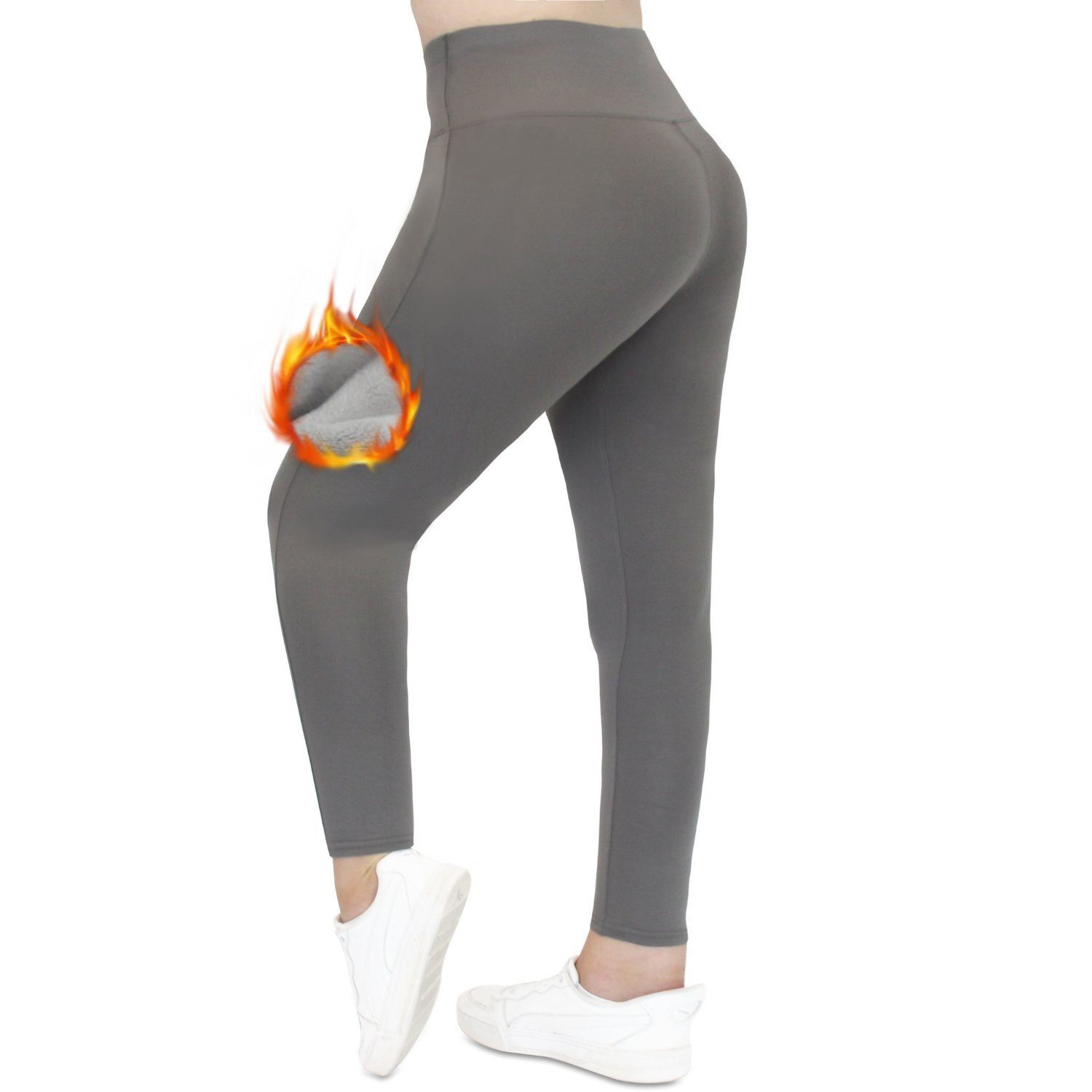 Frentree Thermoleggings Übergößen Damen mit Fleece Gefütterte Thermo Leggins Plus Size für Winter High Waist Strumpfhose Kuschelig Warm Elastisch Sport Grau ohne Taschen