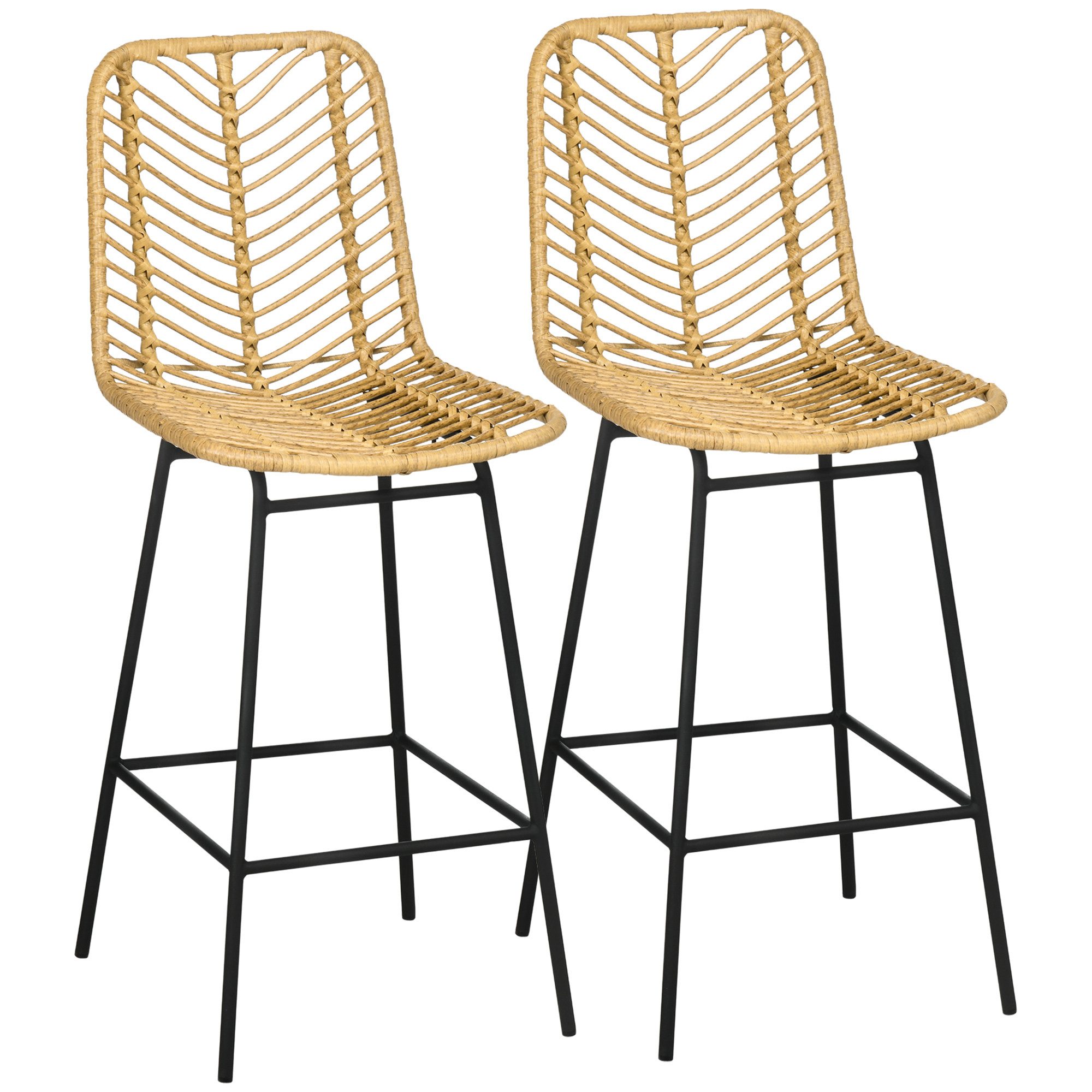 Nettlife Barhocker 2er Set Boho 66cm hoch Fußstütze aus Metall PE-Rattan Naturfarbe, ideal für Theke & Tresen