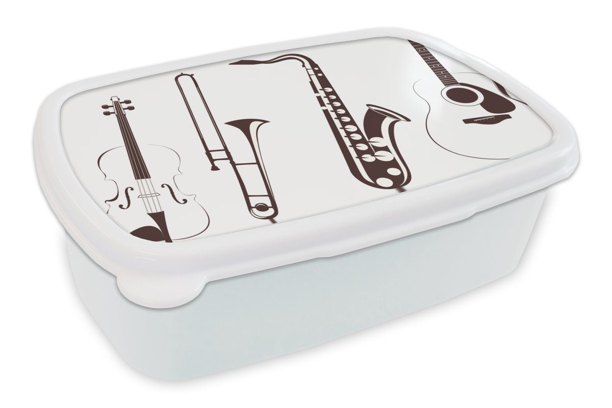 MuchoWow Lunchbox Eine Illustration einer Geige und anderer Instrumente, Kunststoff, (2-tlg), Brotbox für Kinder und Erwachsene, Brotdose, für Jungs und Mädchen weiß