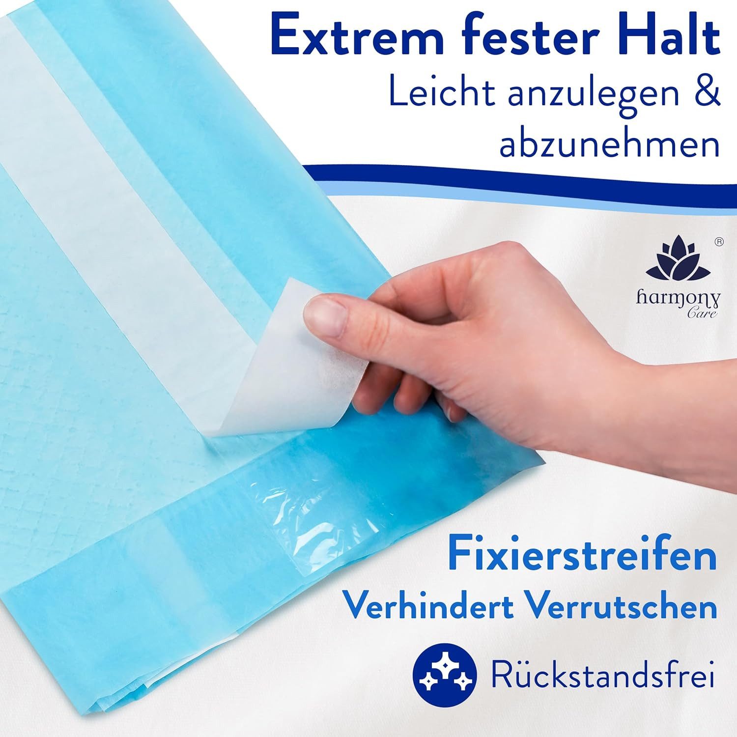 Inkontinenzauflage Bettunterlage mit Fixierstreifen, saugstarke Inkontinenzunterlage Harmony Care, rutschfeste Inkontinenzunterlage Einweg – Bild 3 von 5