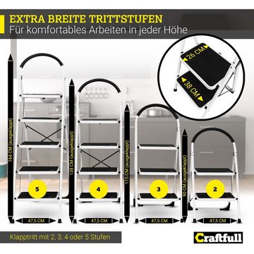 Craftfull Klapptritt Klappleiter CF-130A - 3 J. Garantie - 2-5 Stufen - Eisen (150 kg Traglast - Eisen Stehleiter bis 150 kg - Doppelleiter - Sicherheitsleiter - Multifunktionsleiter - Vielzweckleiter - Mehrzweckleiter, 1-St., Anti-Rutsch, Sicherheitsbügel, extra schmal), Haushaltsleiter Stufen Leiter Arbeitsleiter Arbeitsbühne klappbar