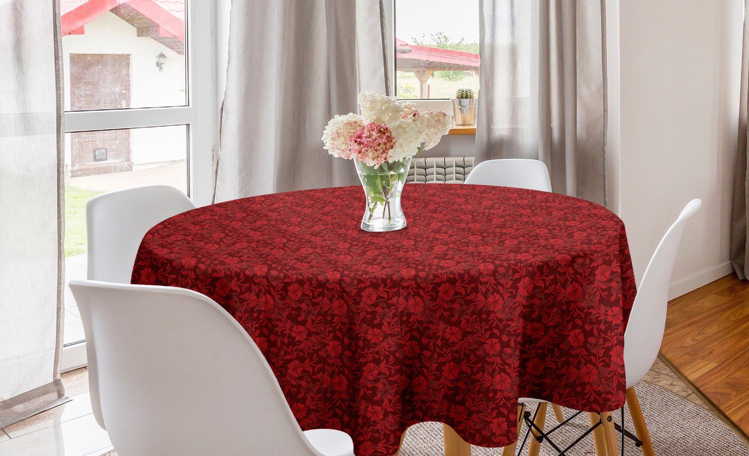 Abakuhaus Tischdecke Kreis Tischdecke Abdeckung für Esszimmer Küche Dekoration, rot Blumen-Blätter und wirbelt