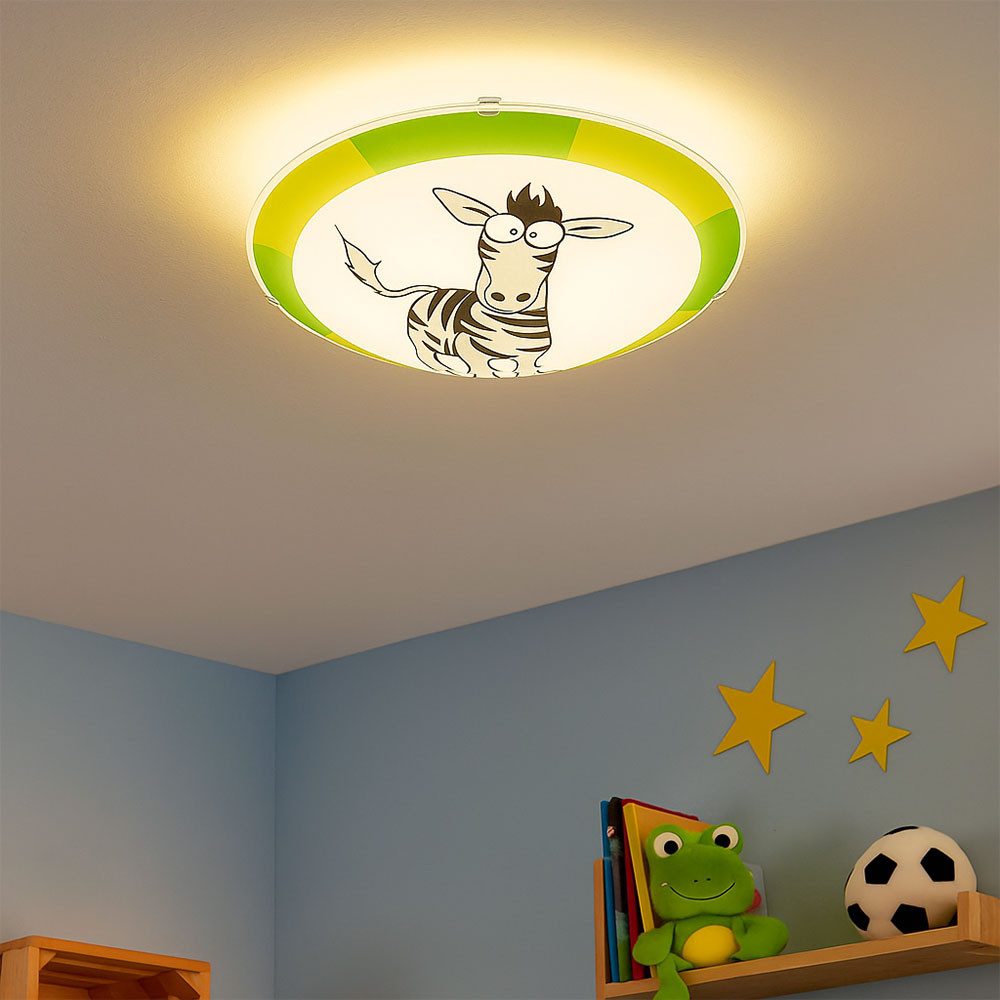 EGLO Deckenleuchte, Leuchtmittel nicht inklusive, Kinderlampe Deckenleuchte Wandlampe Glas grün weiß Zebra Motiv D 25 cm
