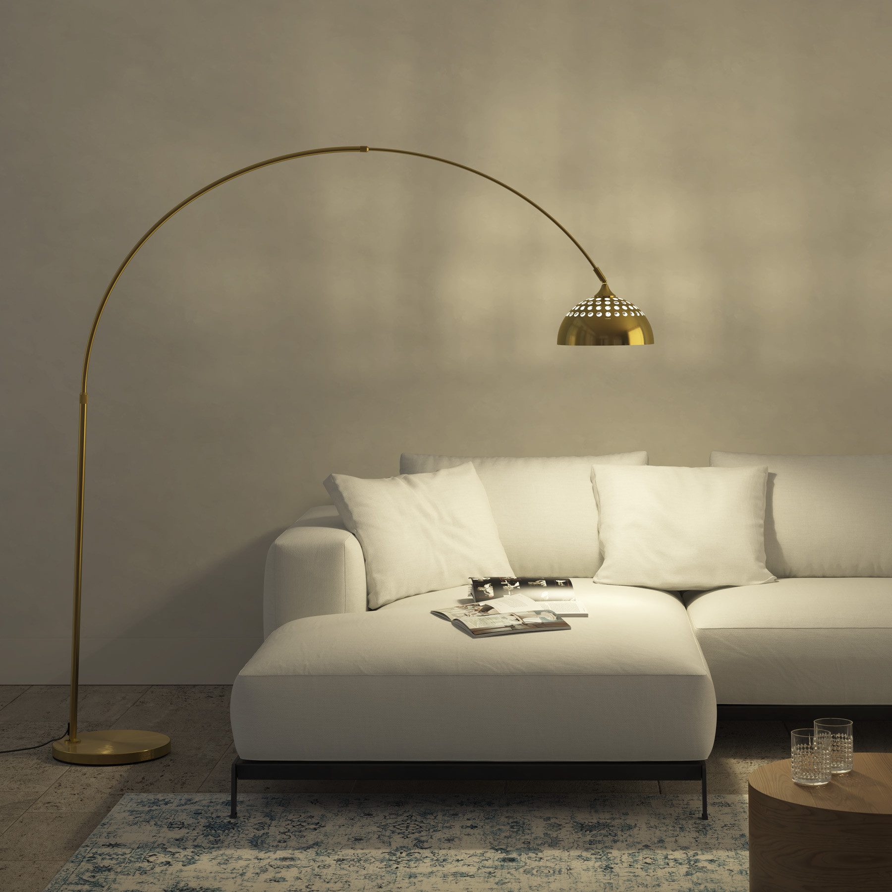 tectake Stehlampe Bogenleuchte aus beschichtetem Stahl, höhenverstellbar 187 - 206 cm, LED, 60 W, Fußschalter, massiver Standfuß mit Bodenschoner