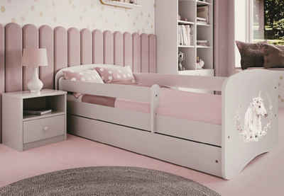 Kids Collective Kinderbett Jugendbett Kinderbett mit Rausfallschutz, Lattenrost & Schublade, 180x80 in weiß Mädchen Bett rosa Pferd, Matratze optional