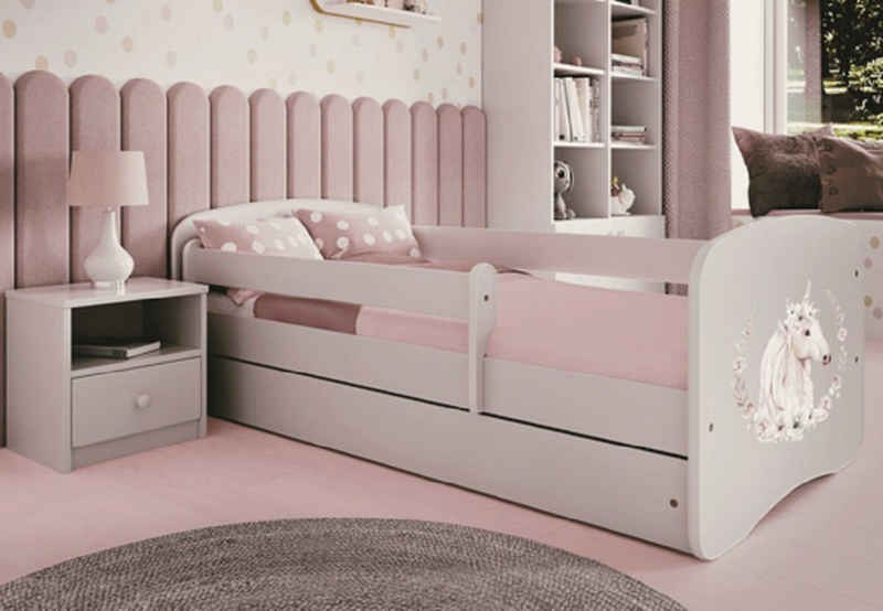 Kids Collective Kinderbett Jugendbett Kinderbett mit Rausfallschutz, Lattenrost & Schublade, 160x80 in weiß Mädchen Bett rosa Pferd, Matratze optional