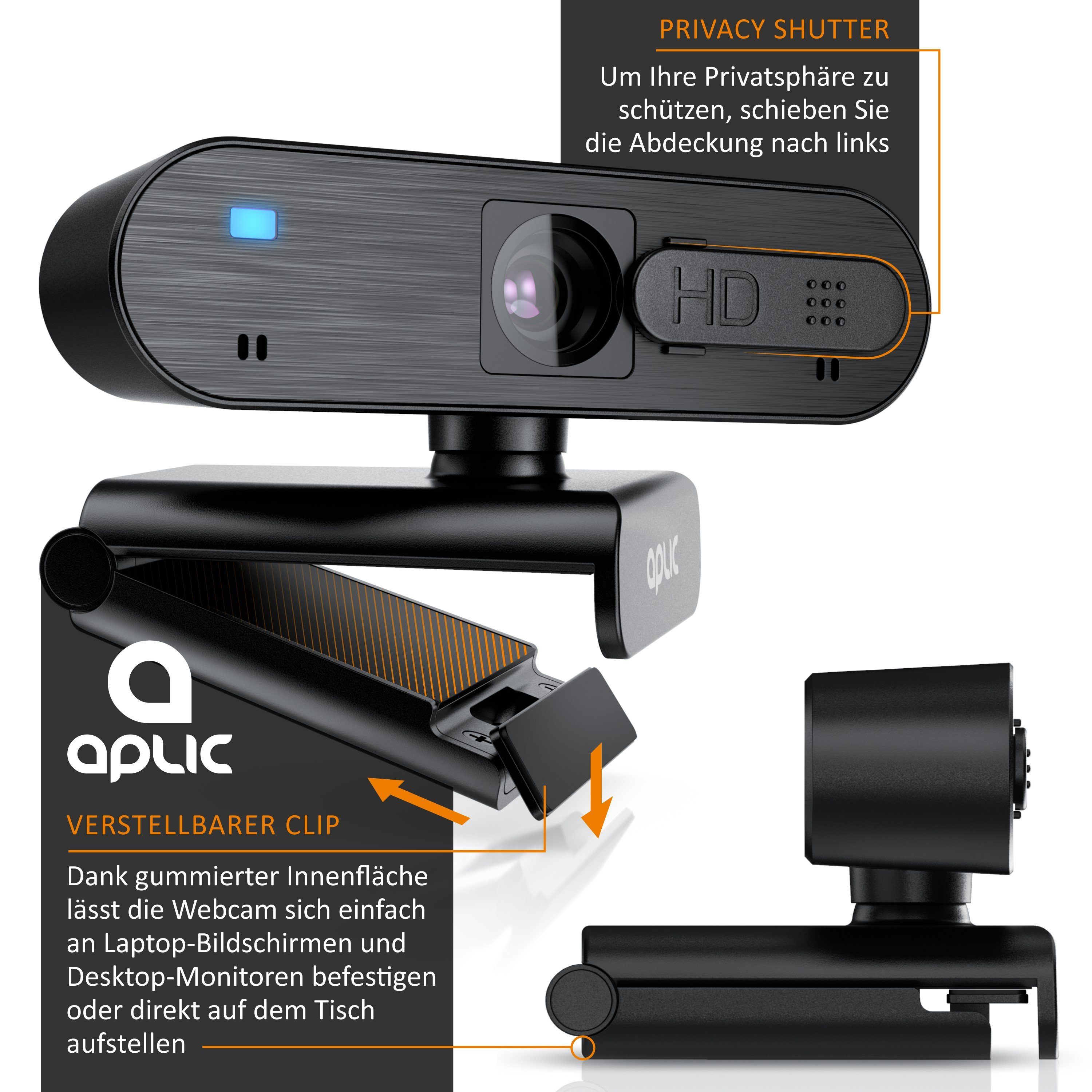 Aplic Full HD-Webcam (Full Shutter schwarz1 Autofokus, Sichtschutz, Privacy 1920x1080@30Hz, HD, Stereomikrofon)