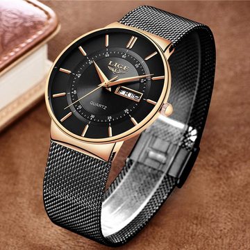 Lige LG9949B-FD-DE Watch (1.57 Zoll), Herren-Armbanduhr Schwarz Gold ultradünn, Edelstahl, modisch, analog