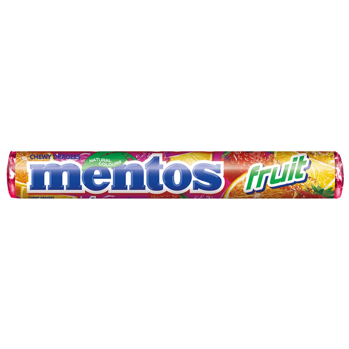 MENTOS Süßigkeit, Mentos Fruit Kaudragees 1 Rolle mit leckerem Fruchtgeschmack 38g