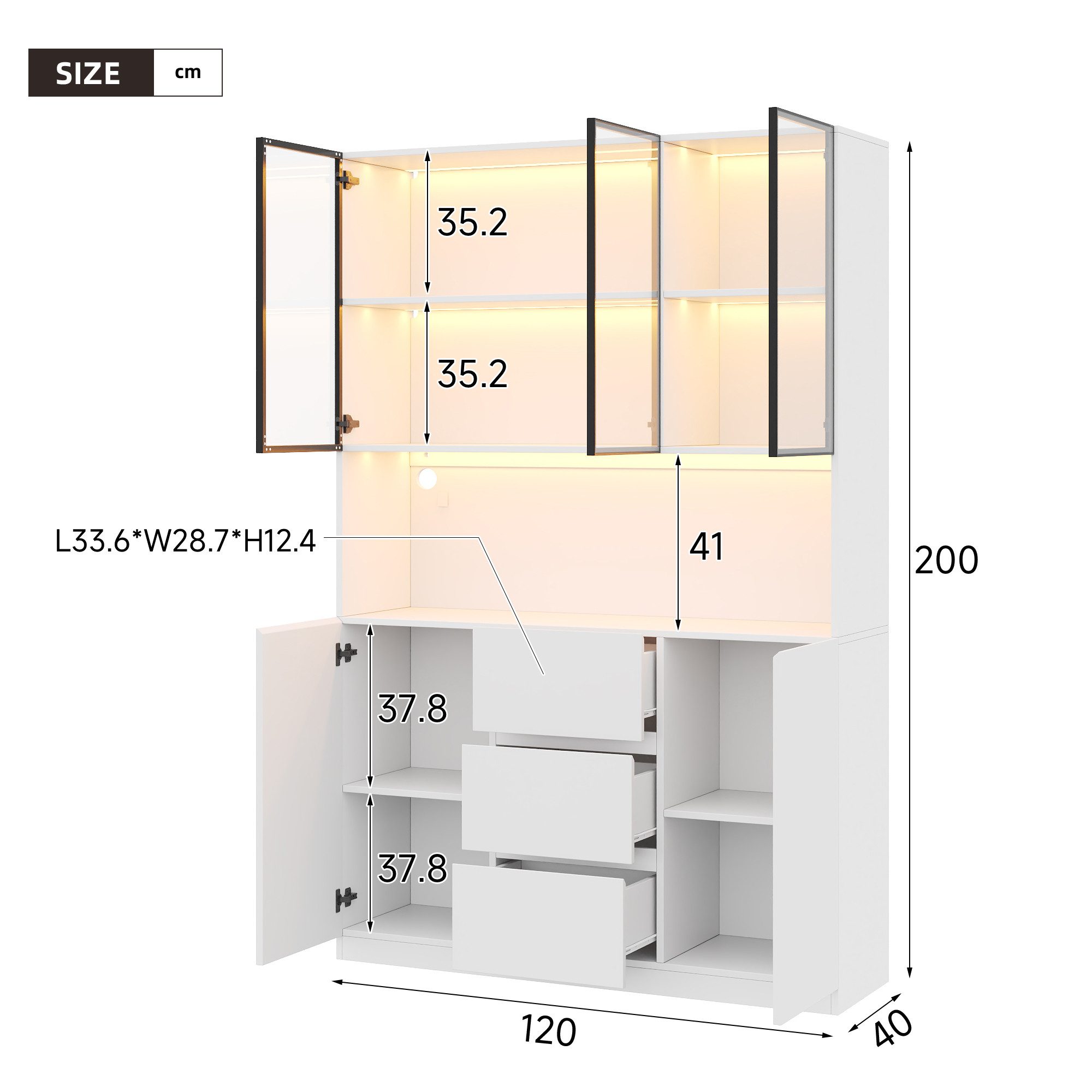 Celya Glasvitrine 120×40×200 cm, mit offenen Regalen undLED-beleuchtete (mit 3 Schubladen und 5 Türen) Ideal für Esszimmer, Wohnzimmer, Küche oder Arbeitszimmer