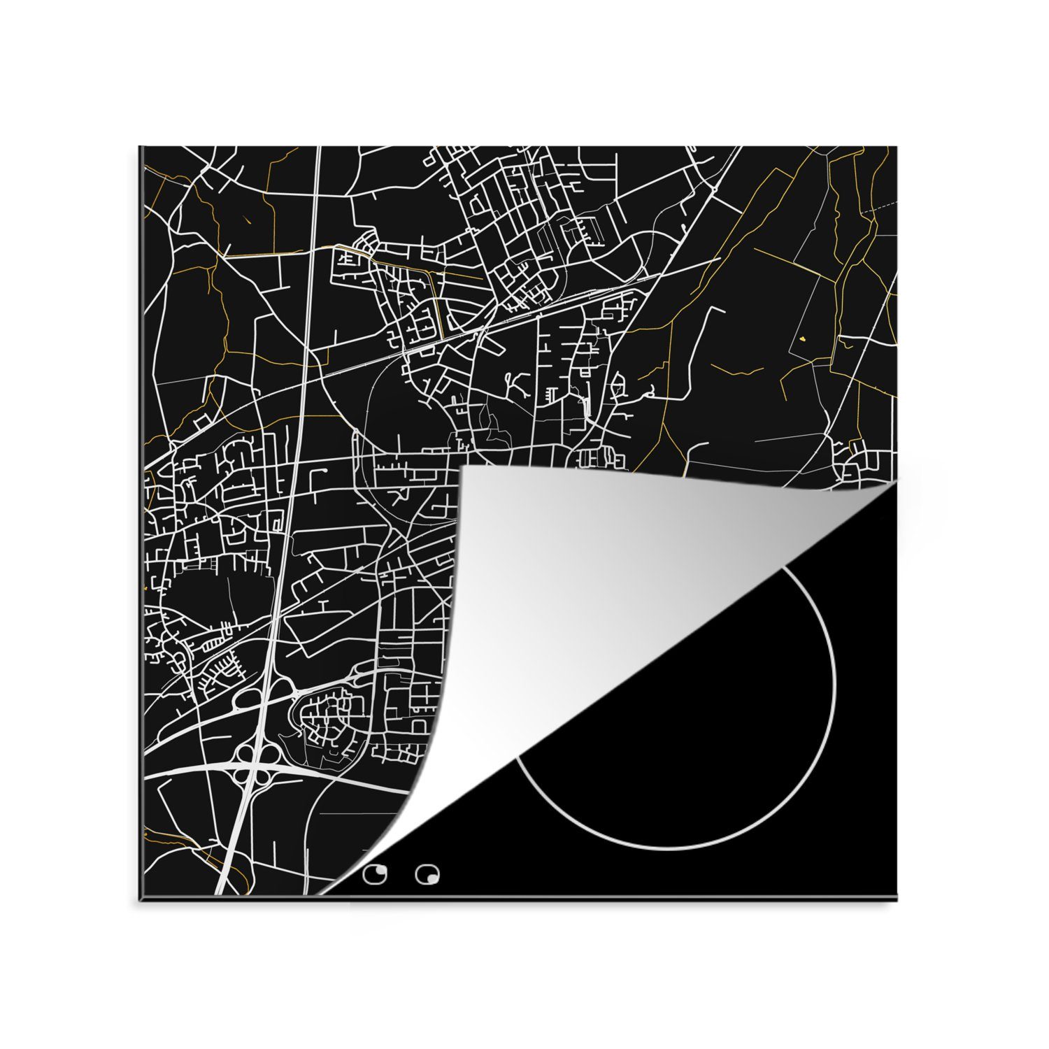 MuchoWow Herdblende-/Abdeckplatte für Ceranfeldabdeckung, (1 cm, Arbeitsplatte Deutschland küche Gold Vinyl, - Schwarz und Stadtplan - Unna 78x78 tlg), - - Karte
