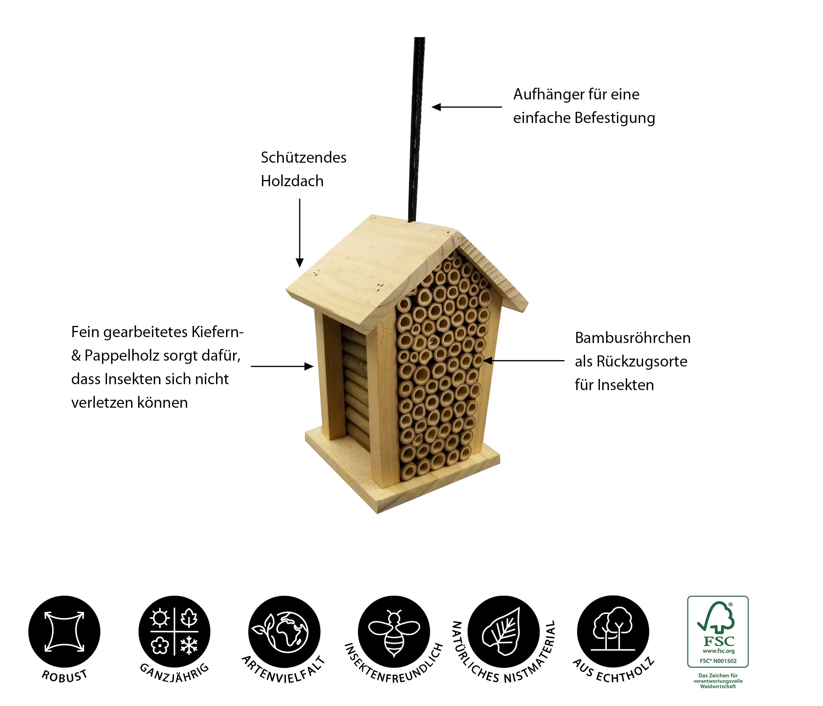 Dehner Insektenhotel Natura Louisiana, 19 x 15 x 12 cm, Kiefernholz, Nistkasten für Bienen, Schmetterlinge und Käfer