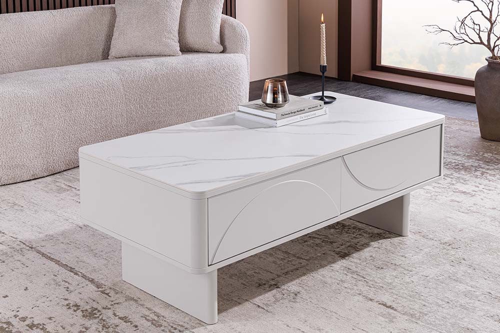 riess-ambiente Couchtisch SAVOY 120cm weiß-Keramik, Schubladen, Stauraum, Reliefstruktur, modern (Einzelartikel, 1-St), Zeitloser Couchtisch in Marmoroptik - ideal für Wohn- und Schlafzimmer