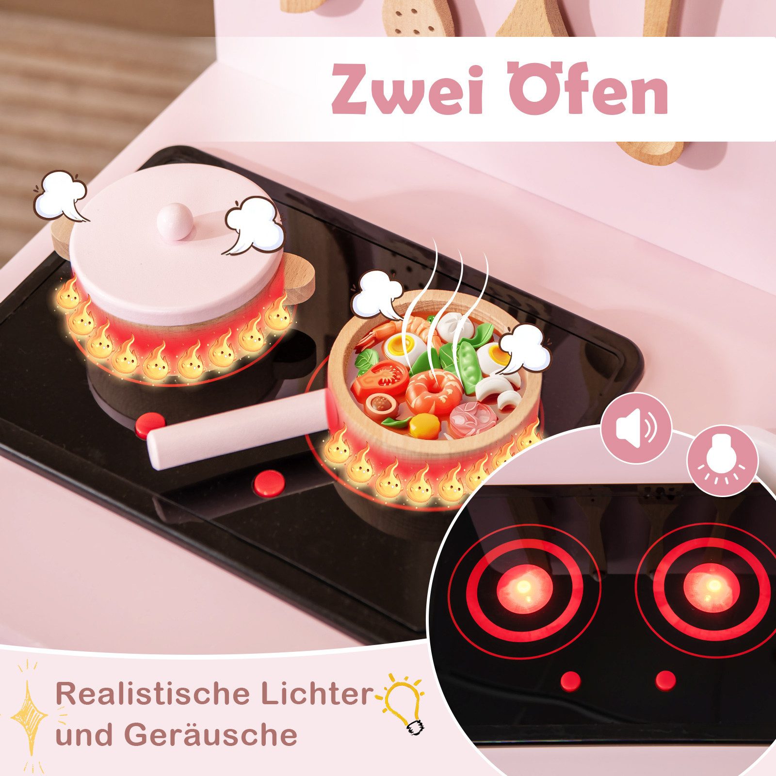 COSTWAY Spielküche, Kinderküche Holz mit Herd, Ofen & Zubehör