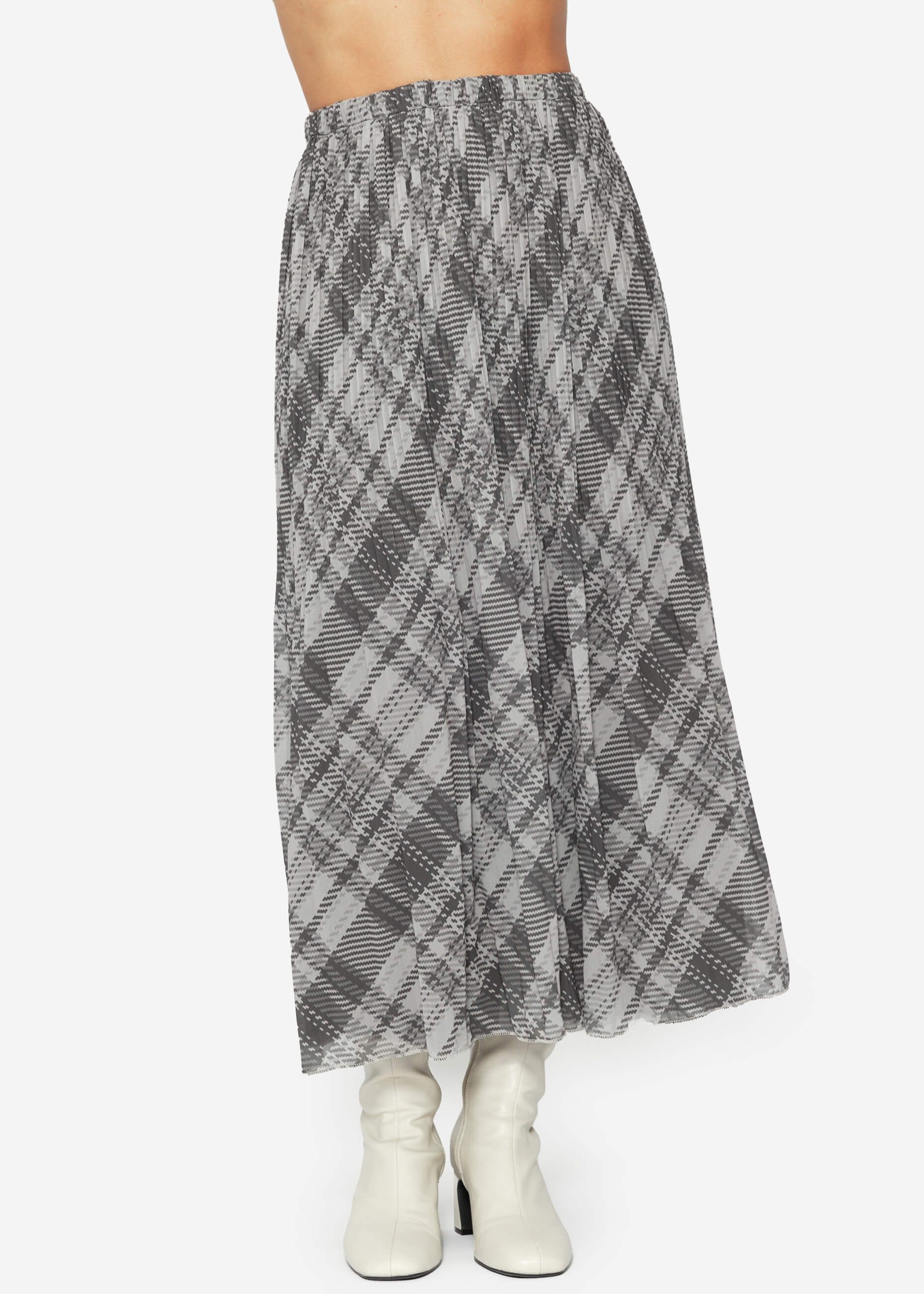 SASSYCLASSY Midirock A-Line midi Rock Elegant aus Chiffon mit Falten Plissé Rock lang mit Gummiband in Karo Leo Muster Grau Braun Schwarz