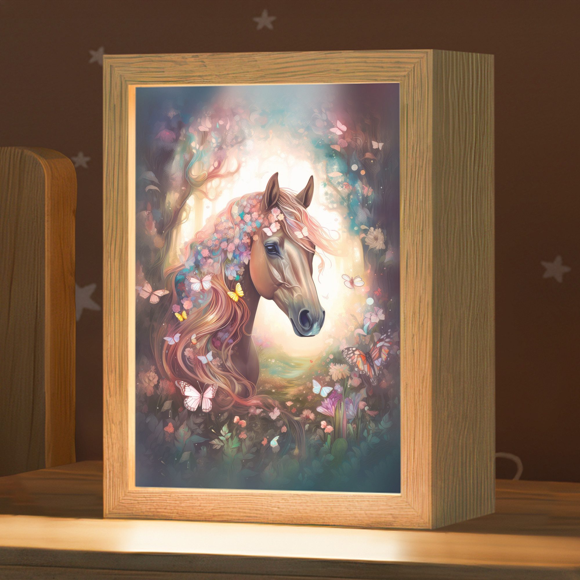 OnlyWow Nachttischlampe Lightbox Pferd - Natur - Blumen - Schmetterlinge - Wald - Mädchen, Dimmbar, Farbwechsel, LED, Warmweiß, Kaltweiß, Neutralweiß Einstellbar, Kinderzimmer, Babyzimmer, Dimmbar, mit Kabel, Nachtlampe, LED