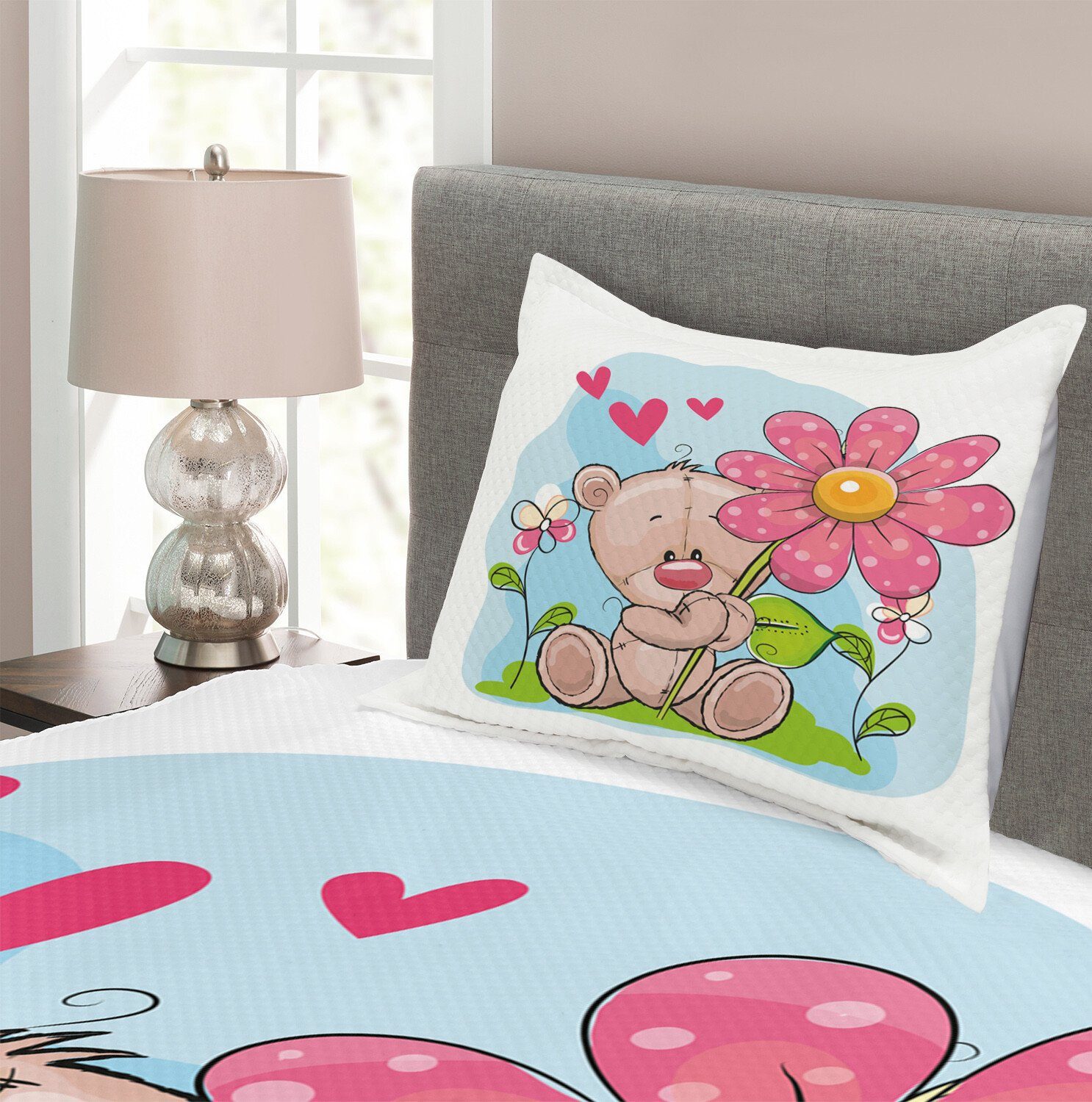 Abakuhaus, Waschbar, Kissenbezügen Bär Set mit Blumen Tagesdecke Lustiger Cartoon Teddy