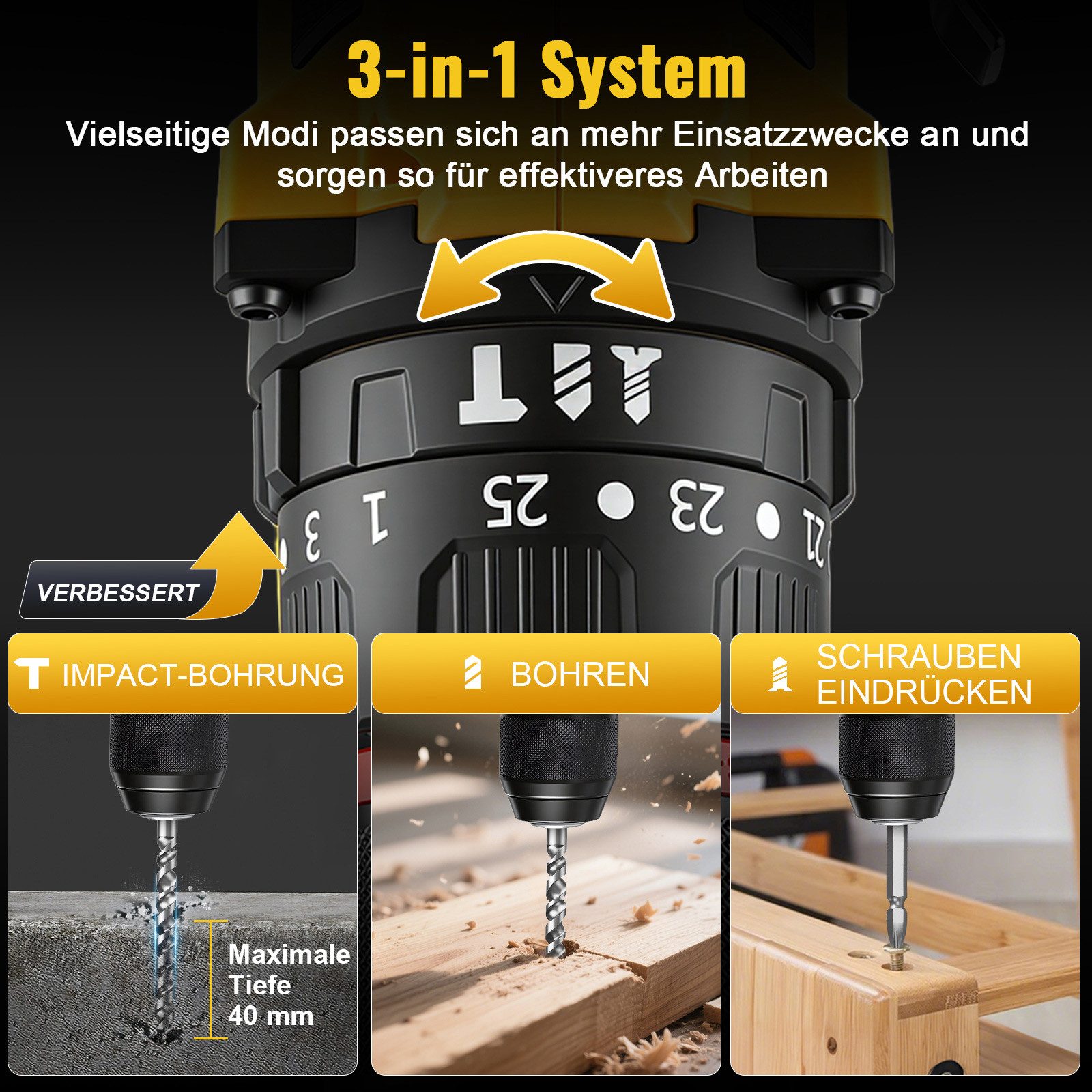 CONENTOOL Akku-Bohrschrauber Akkuschrauber Set Akkubohrer mit 60PCS Werkzeugkoffer, 21 V, max. 1800,00 U/min, (Set, 60-tlg., mit 2x 2000mAh Akkus und Ladegerät), 25+3 Drehmomentstufen, LED Licht, für Haus und DIY Projekt