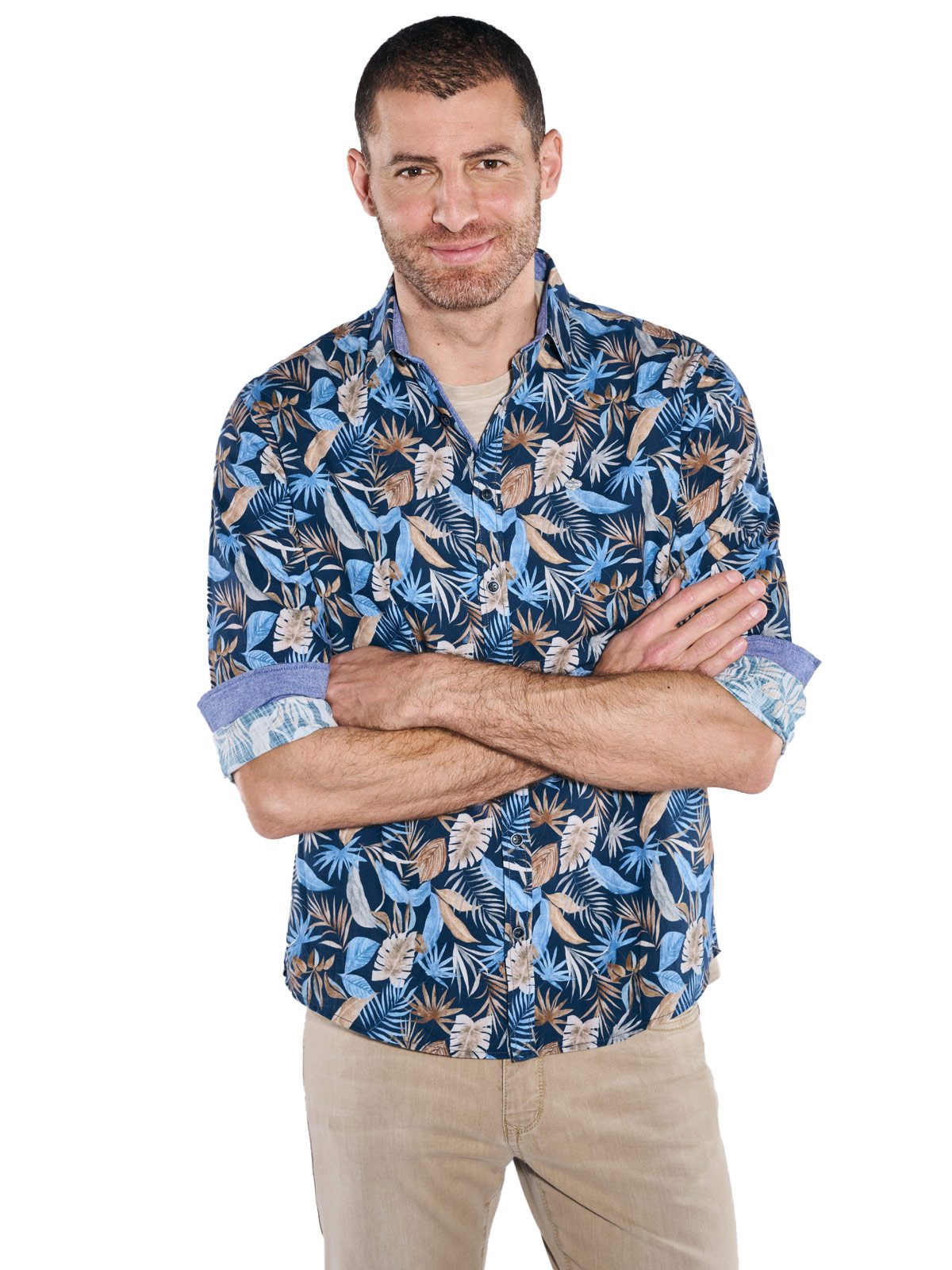 Langarmhemd Herren Langarm-Hemd gemustert, Saphirblau