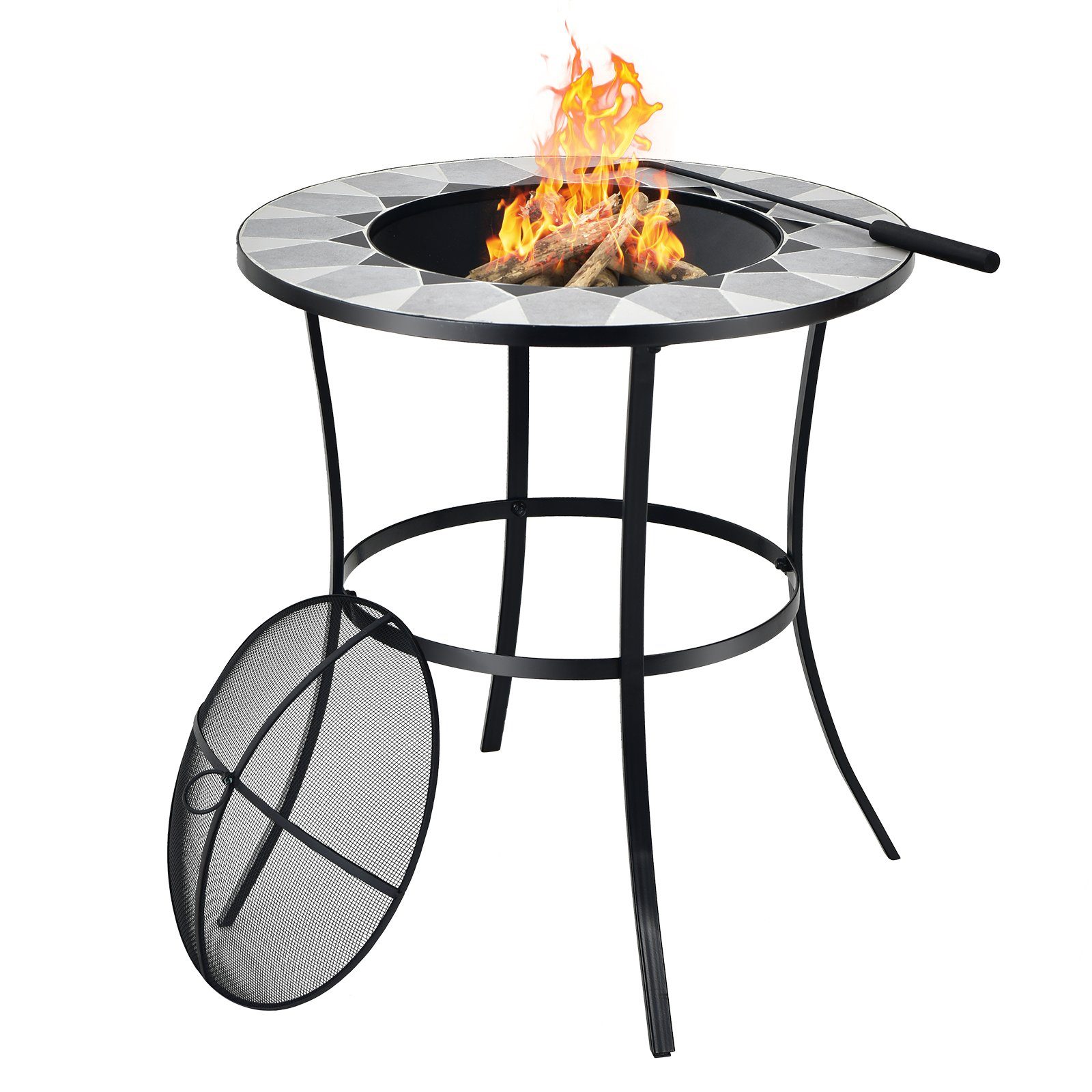 Feuertisch, COSTWAY mit Feuerschale Feuerschürhaken Feuerstelle, Deckel &