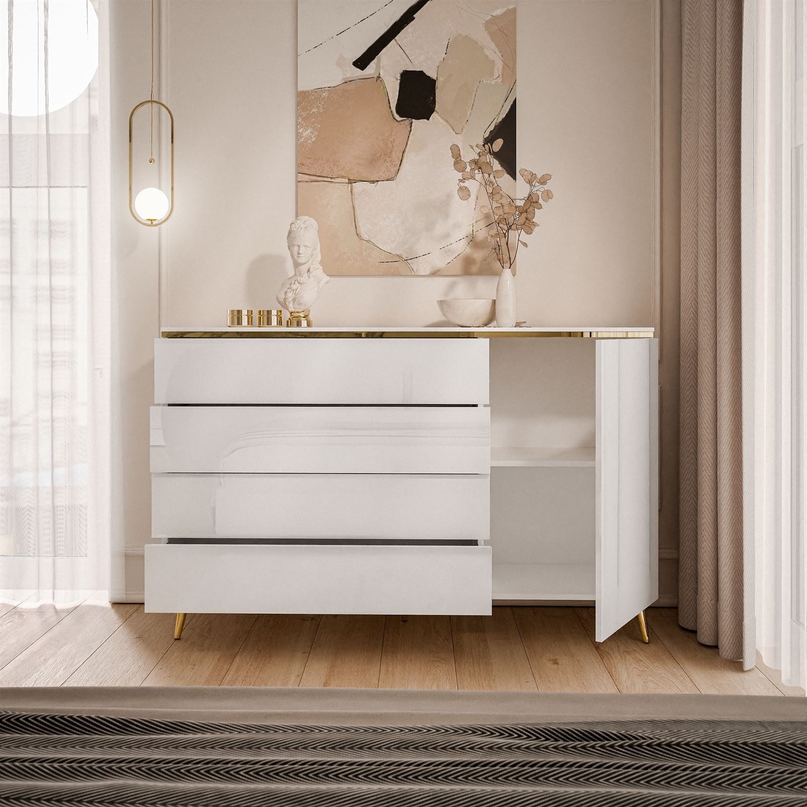 Lookway Kommode AURORA 4S1D weiß glänzend Anrichte mit Schubladen