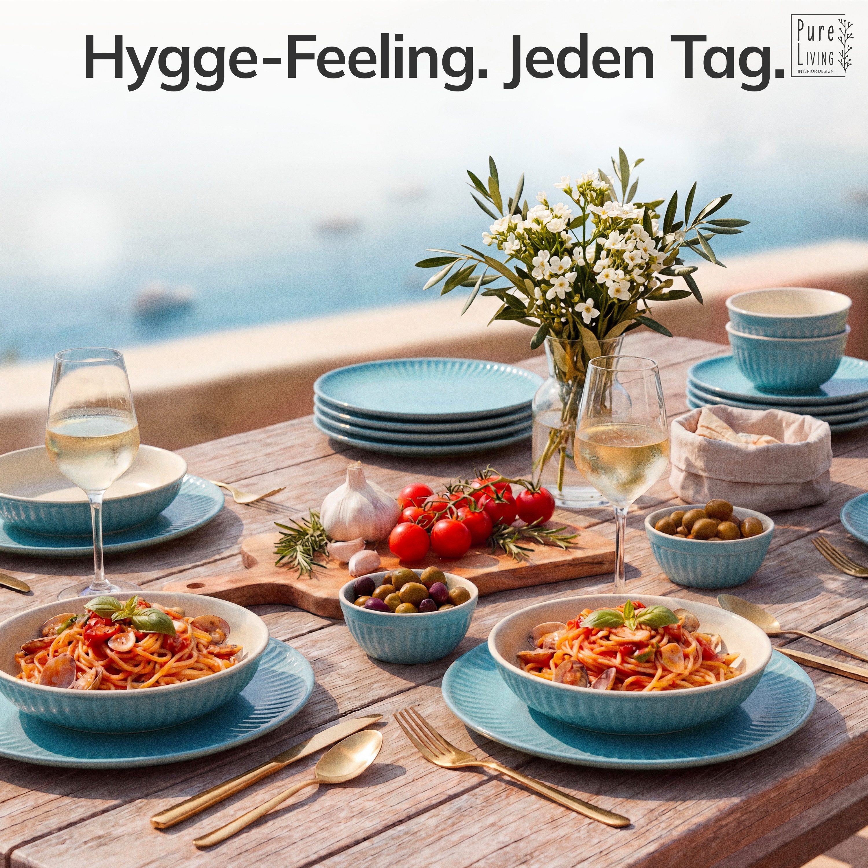 PURE LIVING INTERIOR DESIGN Geschirr-Set Hygge Dessertteller, Frühstückteller, 6er-Set, 20 cm, Grün, 6 Personen, Steingut, Skandinavisches Design mit Riffelstruktur, Harmonische Farbgebung, Ma…