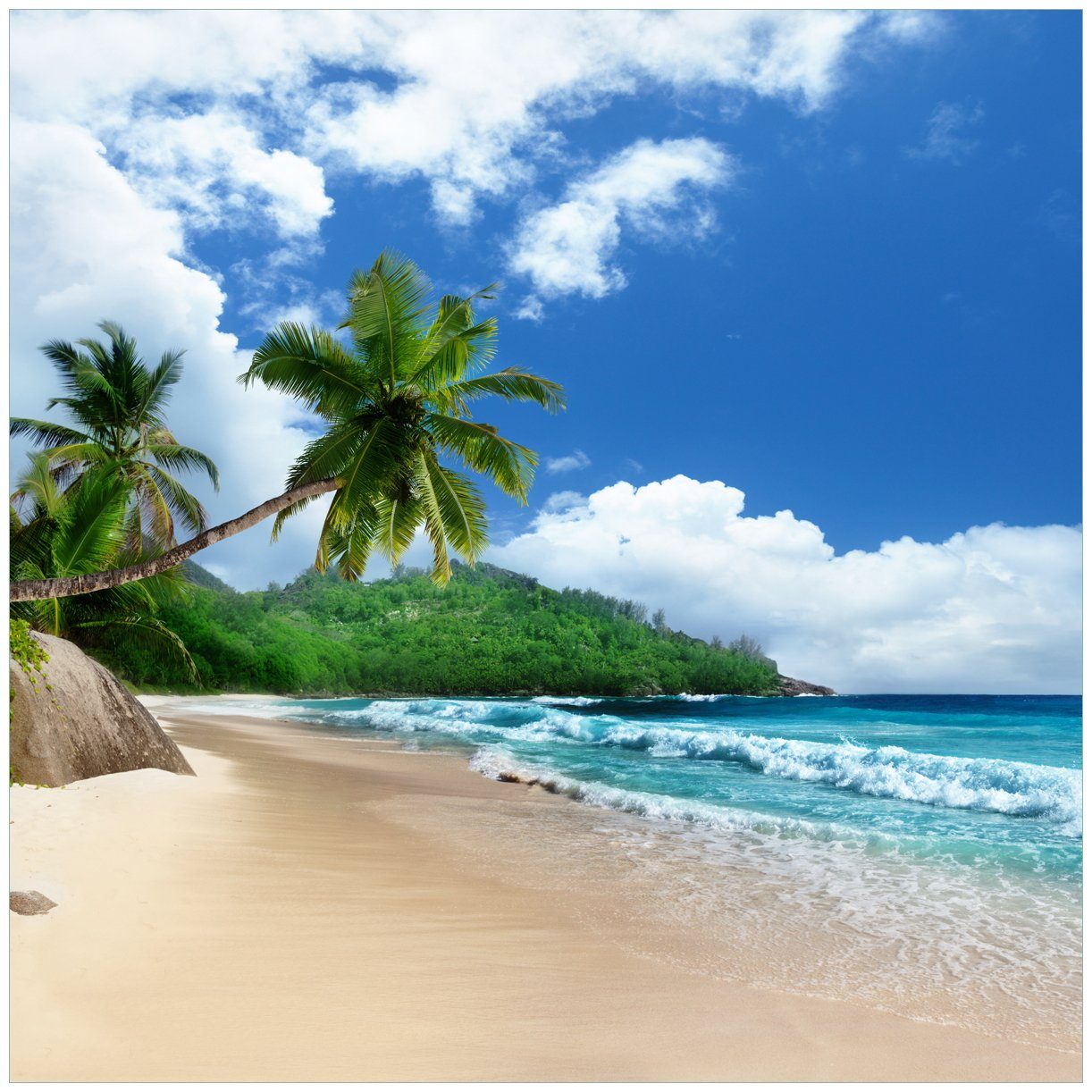 Wallario Tischplatte Urlaub auf den Seychellen unter Palmen am Sandstrand (1 St), für Ikea Lack Tisch geeignet