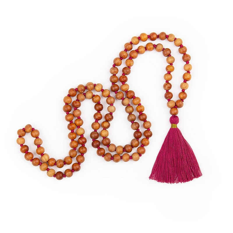 bodhi Perlenkette Mala Yoga Kette mit Sandelholz-Duft, farbige Quaste, 108 Perlen pink