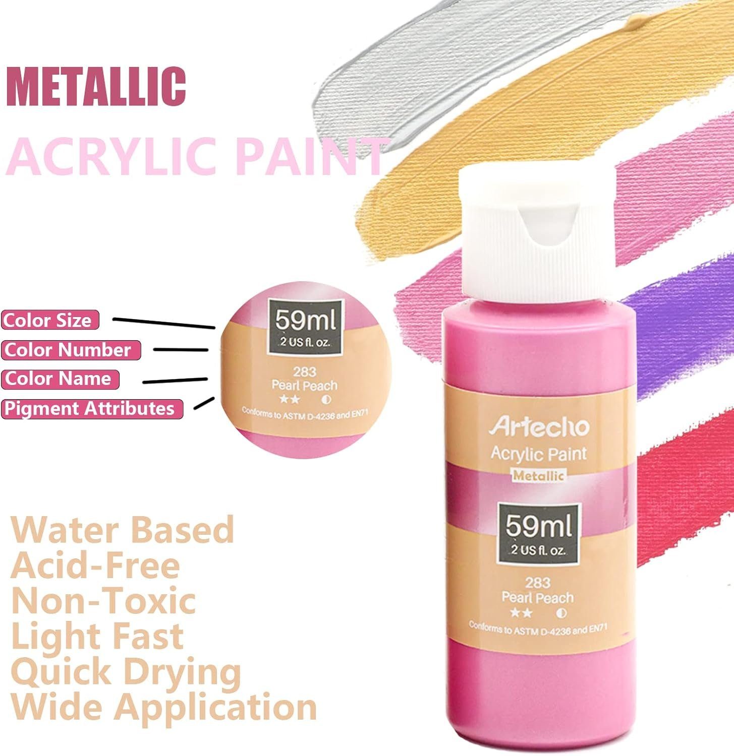 Artecho Acrylfarbe 12 x Metallic Acrylfarben, je 59 ml Flaschen mit Klappverschluss, für Papier, Ton, Holz, Steine – zum Reisen, Malen & Freude verschenken