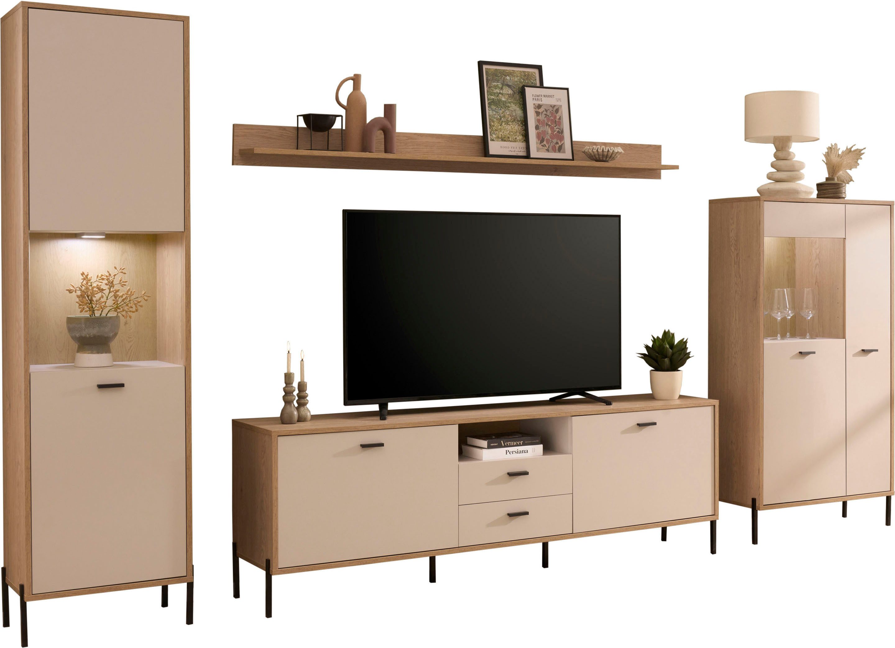 Home affaire Wohnwand Fredericia, moderne Anbauwand, Komplettset in Kaschmir, (Set, 4-St), enthält zwei Vitrinen, Lowboard und Wandboard, 349 cm breit