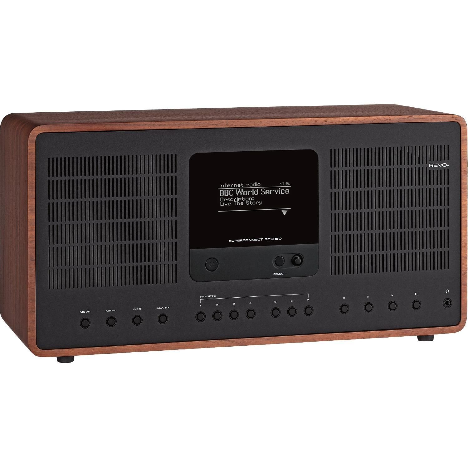 Revo SuperConnect Stereo DAB+ Digitalradio und per Fernsteuerbar walnuss/schwarz und OLED-Display, (DAB+/UKW W, Internetradio, Digitalradio 30 APP) WLAN-Internetradio (DAB)