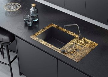 Homeline Küchenspüle Home-Capella Gold Schwarz Glas Granitspüle Küchenspüle, Eckig, 86/50 cm, (2 St)