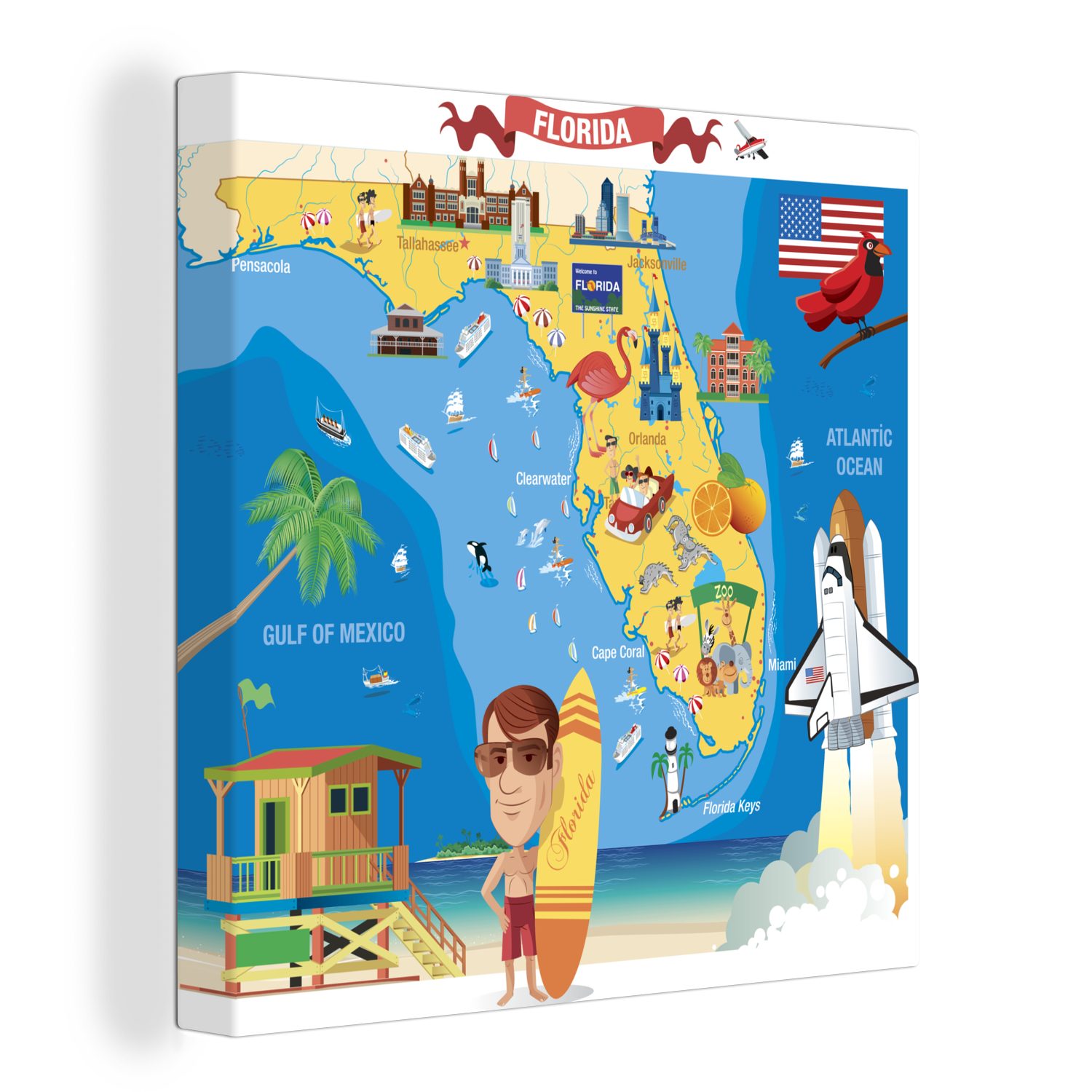 OneMillionCanvasses® Leinwandbild Eine Cartoon-Illustration der Karte von Florida, (1 St), Leinwand Bilder für Wohnzimmer Schlafzimmer