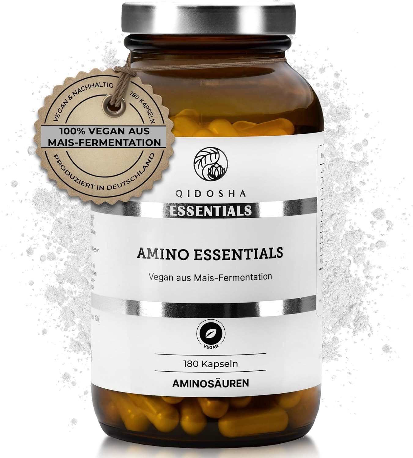 QIDOSHA Master Aminosäure Kapseln, Rezeptur nach Dr. Moretti, 180 Stk/Glas, mit 99% Netto-Stickstoffverwertung, 8 essenzielle Aminosäuren, 100% vegan, EAA Pattern à 180 St., 148 g, Laboren geprüft & Made in Germany