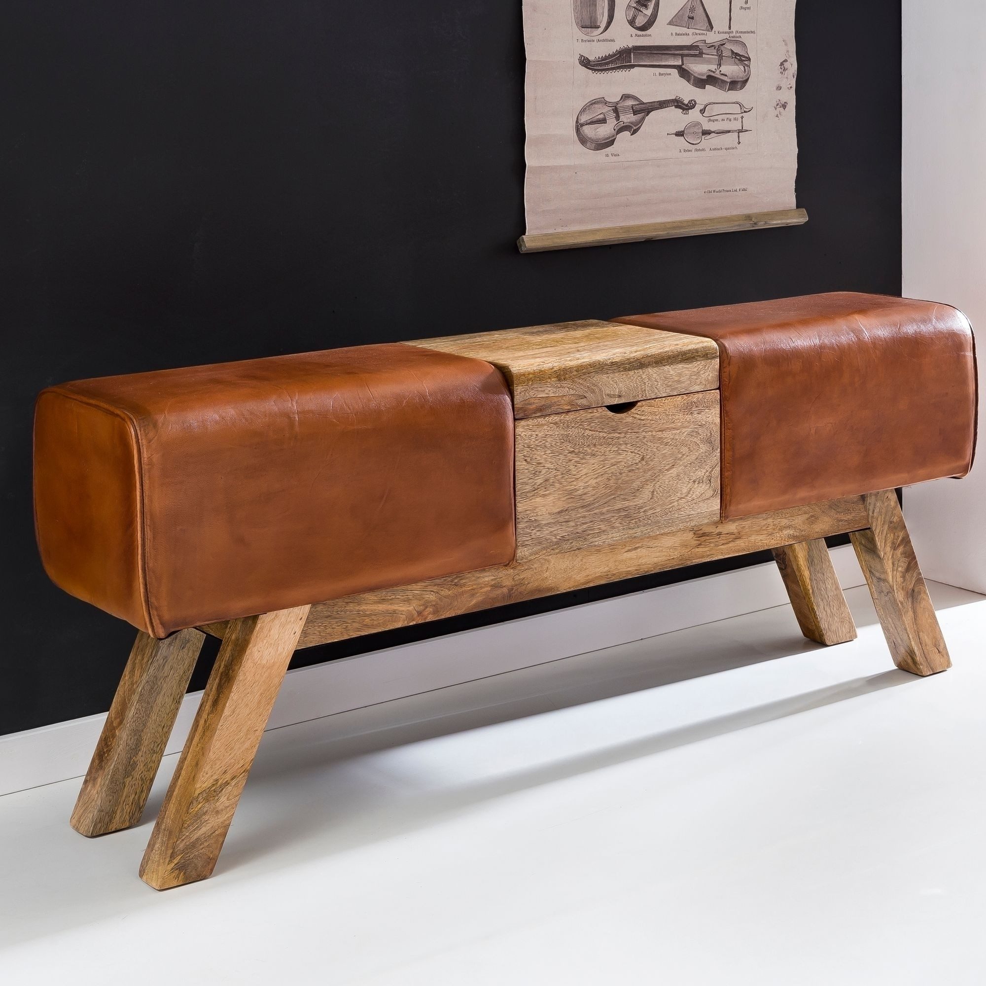 freiraum Sitzbank WL5.098, in Braun, Echtleder / Massivholz Mango - 120x53x29cm (BxHxT)