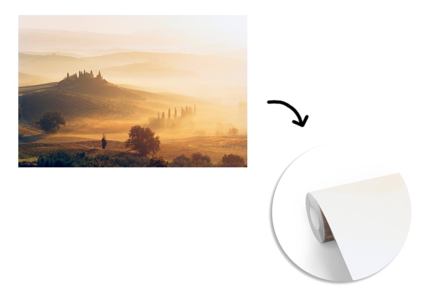 Toskana Vinyl für Wallpaper - Wohnzimmer, bedruckt, (6 Nebel Sonne, Matt, Fototapete Tapete St), - Schlafzimmer, MuchoWow Kinderzimmer,