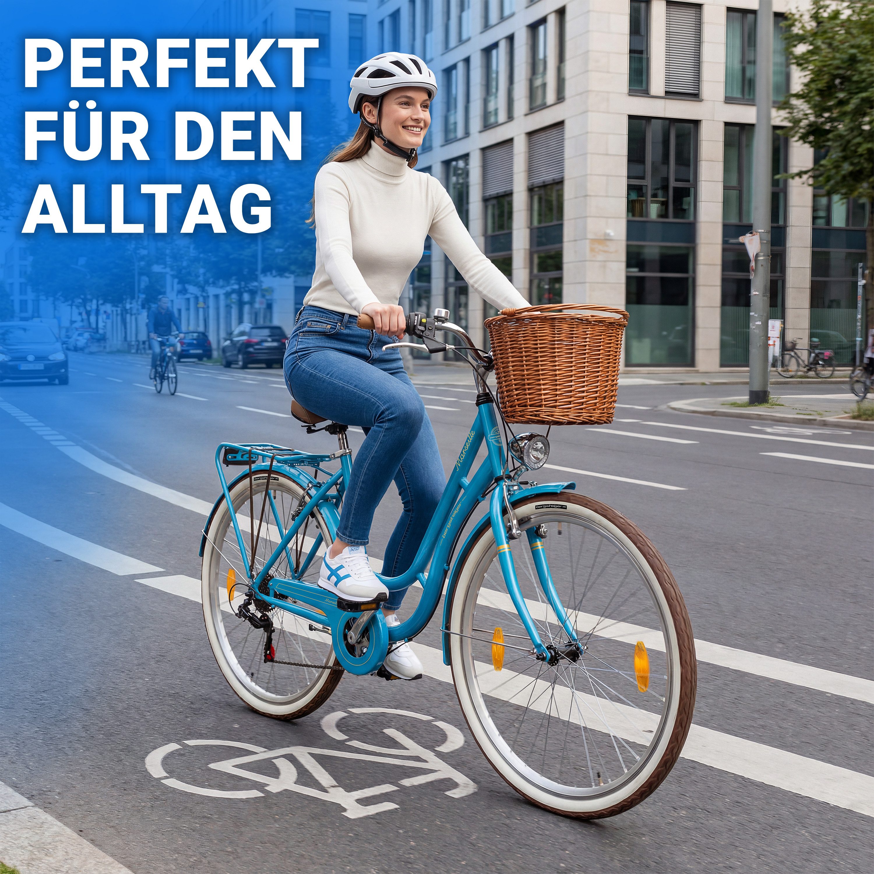 bergsteiger Cityrad Marseille 26 Zoll, 28 Zoll Damenfahrrad, ab 150 cm, Korb aus Rattan, 6 Gang, Kettenschaltung, V-Bremsen – Bild 4 von 5