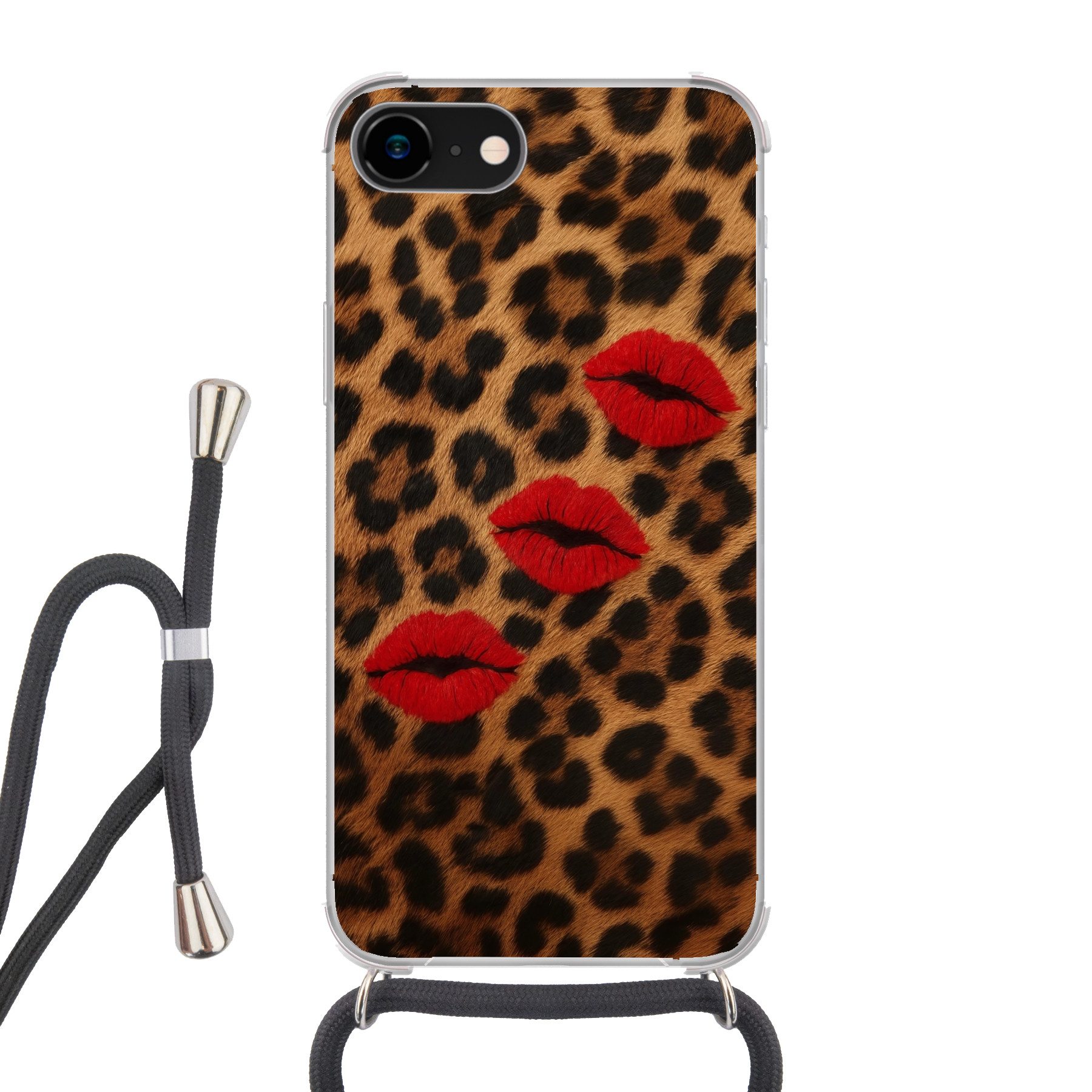 MuchoWow Handyhülle für Apple iPhone 8 Lippen - Drei - Rot - Pantherdruck, Tragbare Handyhüllen mit Kette zum umhängen, Handykette Handyband