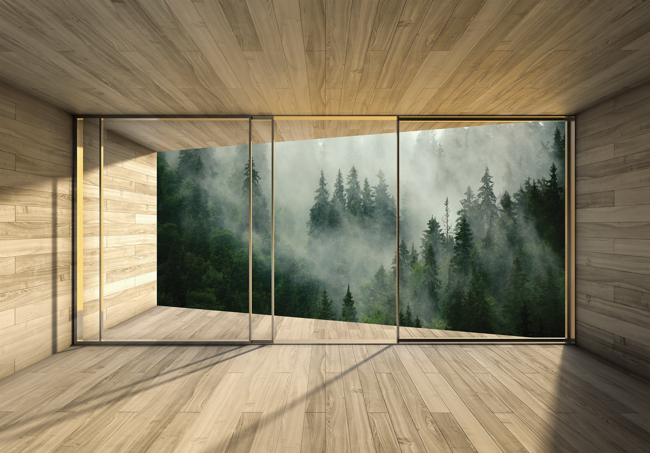 Wallarena Fototapete 3D EFFEKT Wald im Nebel Terrasse Panorama Natur Landschaft Fenster Vlies Tapete für Wohnzimmer oder Schlafzimmer Vliestapete Wandtapete Motivtapete, Glatt, 3D-Optik, Vliestapete inklusive Kleister