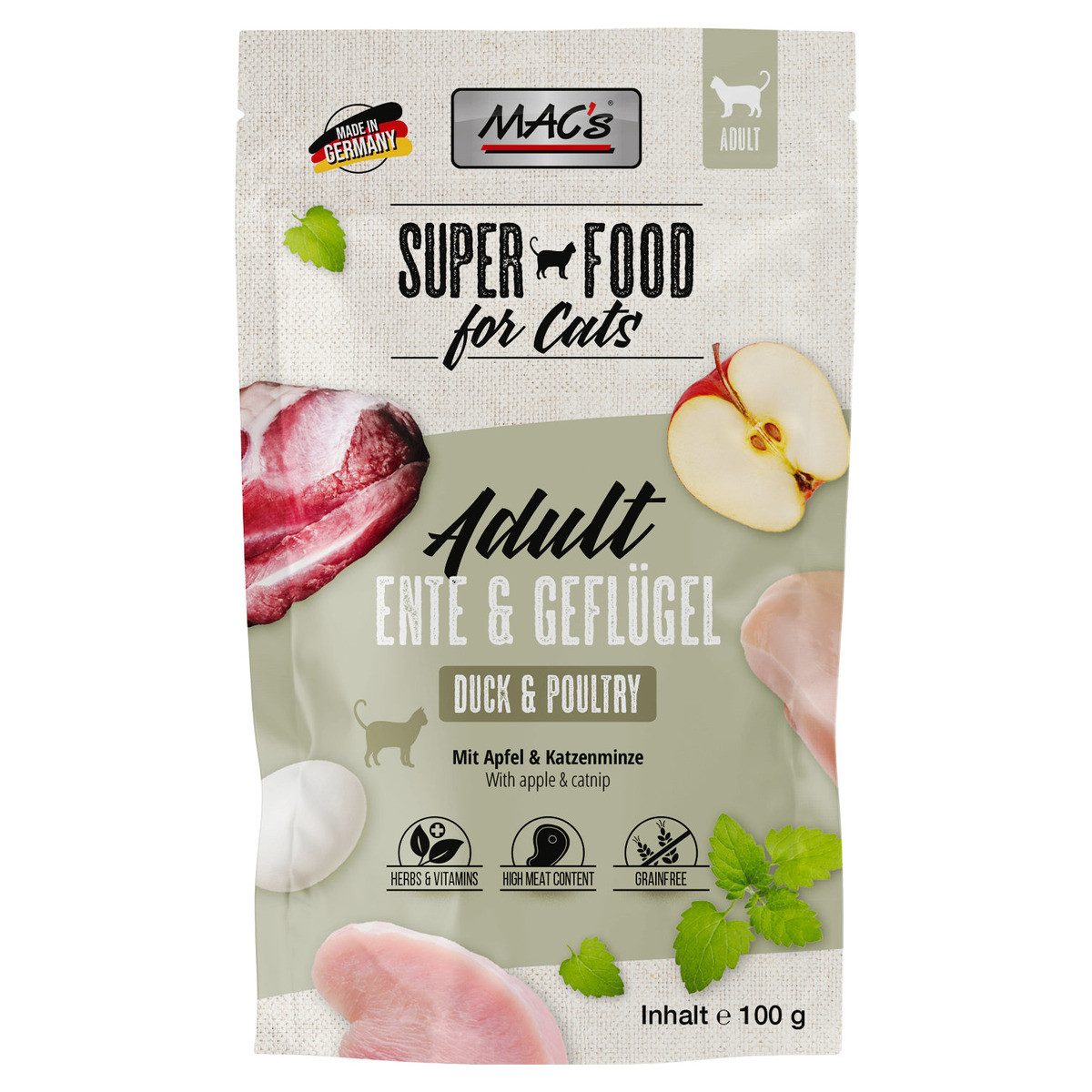 MAC'S Adult Ente & Geflügel 100 g - 12 Stück, Nassfutter für: Katze