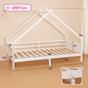 JINPALAY Kinderbett Hausbett aus Kiefer mit Rausfallschutz 90 x 190 cm